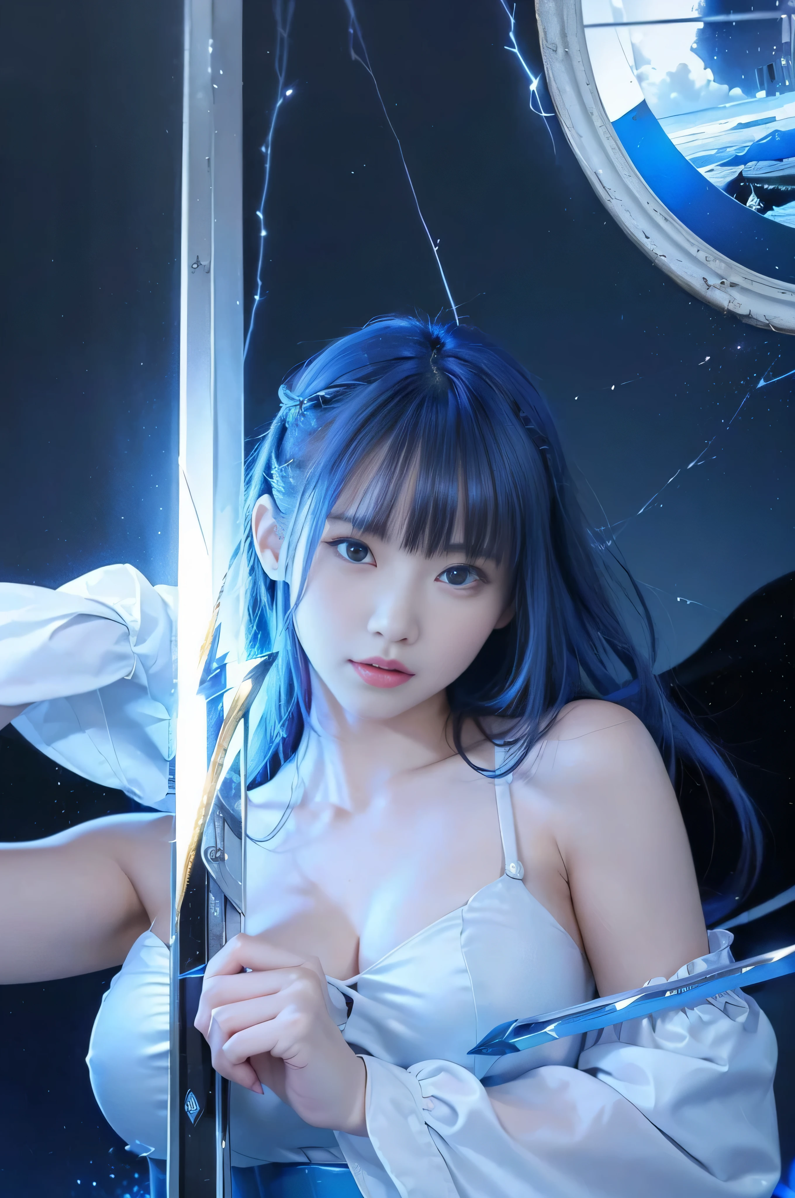 ((highest quality、best image quality、超A high resolution))、(Photoreal), (realistic), (ultra high resolution), table top, highest quality, RAW photo, 超realistic, girl'face, the air looks clear, blend with the aurora.(((He has a legendary sword that emits blue lightning..........)))、blue energy effect、(((broken mirror)))