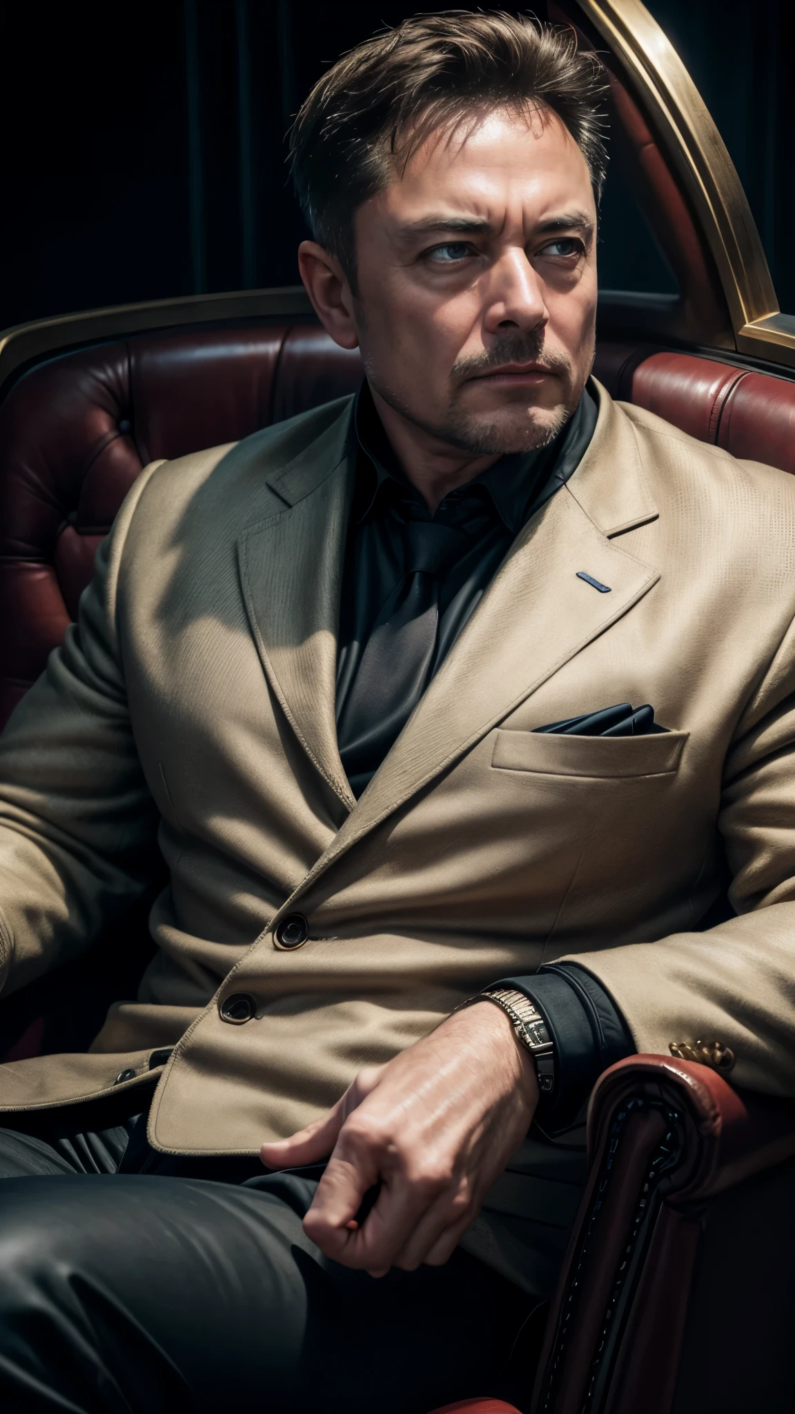 ((masterpiece, highest quality, hires, RAW photo, amazing detail, 8k, best quality)), cinematic, trending on artstation, portait, ((extreme closeup)), middle aged man, 50 years old // Elon musk:1.5 // sitting, in armchair, detailed eyes, detailed face, wearing bomber jacket, trousers, doc martens:1.4, intricate details, hires textures, evil, bond villain, mastermind, dictator, boss,