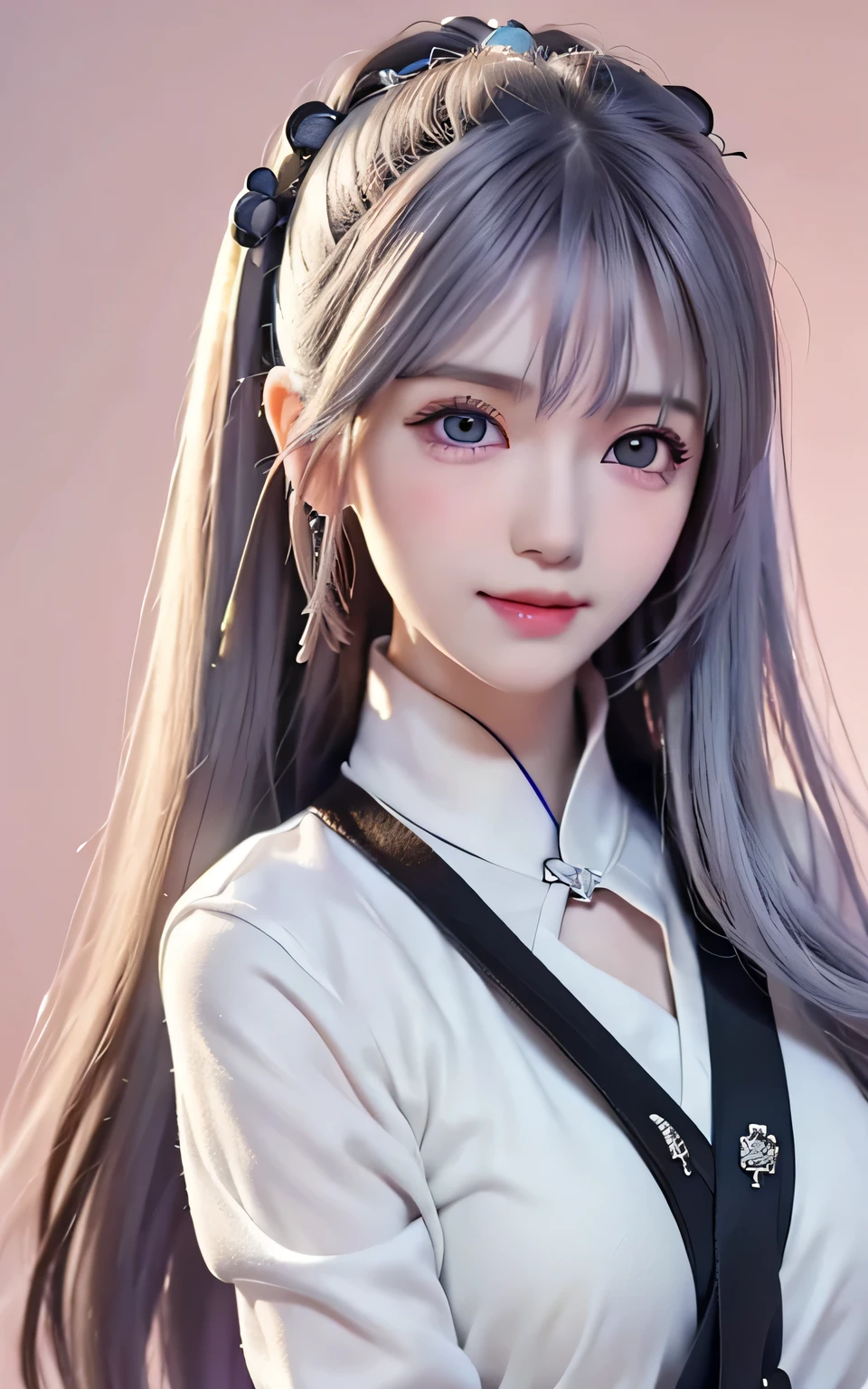 1 girl,Beautiful retro colors, Instagram (photoactual, high resolution:1.4), ((puffy eyes)), looking at the audience, , whole body (8k, original photo, best quality, masterpiece:1.2), (actual, photo-actual:1.37),(sharp focus:1.2), professional lighting, photon mapping, Radiosity, Physically based rendering, (pale skin:1.2),(small breasts:1.2), looking at the audience, (Zhongfa:1.5), portrait, purple eyes, (silver hair:1.1),Bangs, (simple background:1.4), alone, Upper body, actual,(masterpiece:1.4),(best quality:1.4),(skin shiny),Robbery girls,cosmetic,Smile(skinny,shut your mouth,Shy :1.3) ,(Permanent installation,black stewardess,Necromancer:1.1),medium bust,sexy pose