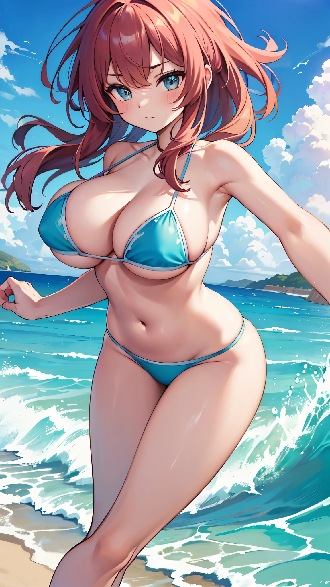 Big bouncy bouncing , bikini that looks like it's about to come off, running in the sea, on the beach. (((masterpiece))), (((best quality))), ((ultra-detailed)), (illustration), (detailed light), ((an extremely delicate and beautiful)),