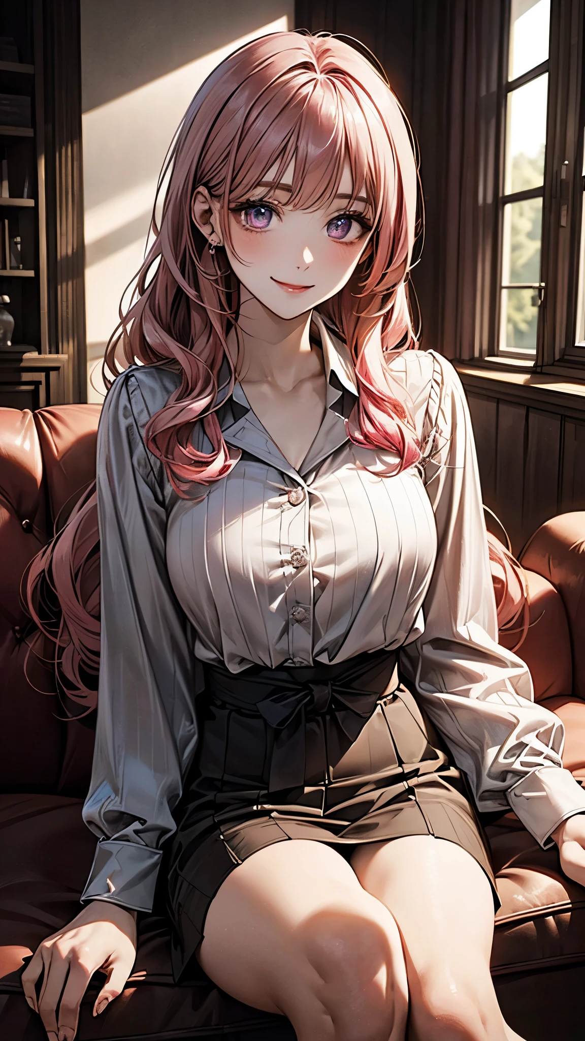 (masterpiece:1.2, top-quality), (realistic, photorealistic:1.2), beautiful illustration, (natural side lighting, movie lighting), , 
looking at viewer, 1 girl, japanese, housewife, 23 years old, perfect face, cute and symmetrical face, shiny skin, 
(long hair:1.5, wavy hair:1.6, pink hair), crossed bangs, purple eyes, long eye lasher, (large breasts), slender, 
beautiful hair, beautiful face, beautiful detailed eyes, beautiful clavicle, beautiful body, beautiful chest, beautiful thigh, beautiful legs, beautiful fingers, 
((white collared blouse, dark drown trench skirt), ), 
(beautiful scenery), evening, (living room minimalist),, sitting sofa, (smile), 
