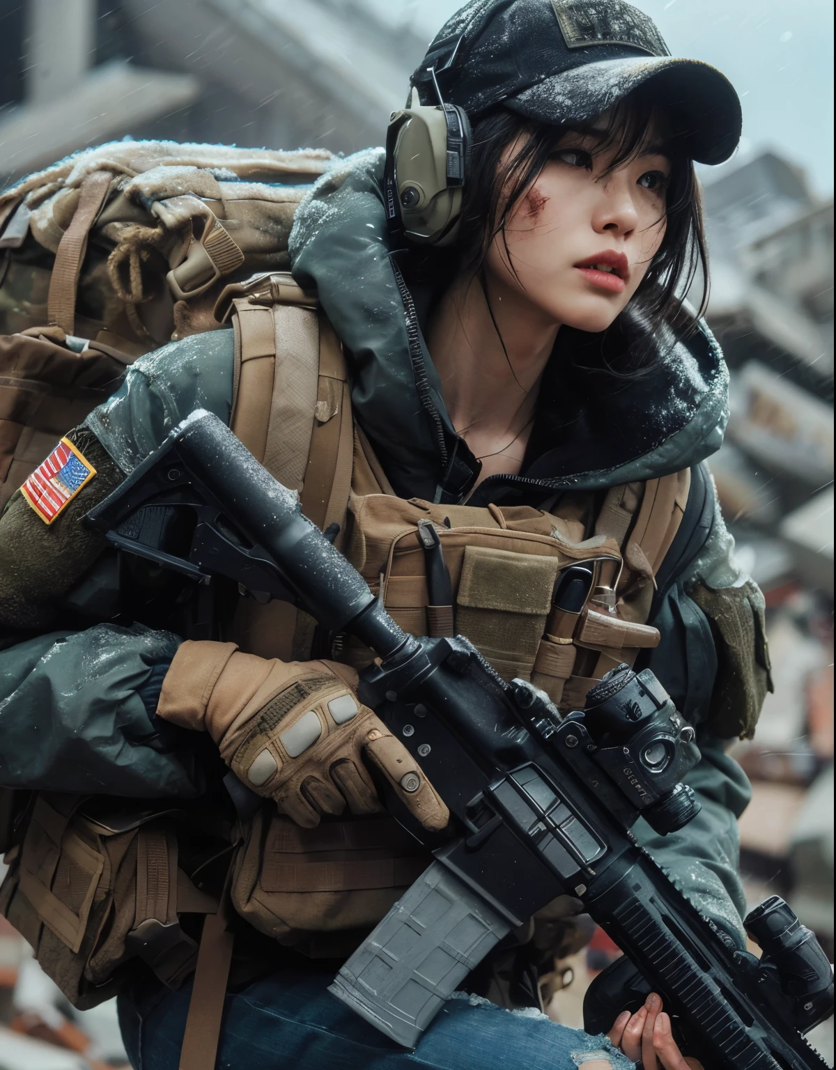 Japanese women in the US military、Holding an automatic rifle and looking nervous、bulletproof vest、Backpack、A detailed depiction of Hulk holding an automatic rifle in a post-apocalyptic setting. The focus should be on the realistic skin texture of Hulk, capturing every nuanced detail. The scene should be gritty, with debris and impurities scattered around. The colors should be vibrant, contrasting against the desolate backdrop. The lighting should be intense, casting dramatic shadows and highlights on Hulk and the surrounding environment. The image should be of the best quality, with high resolution and a photorealistic rendering.