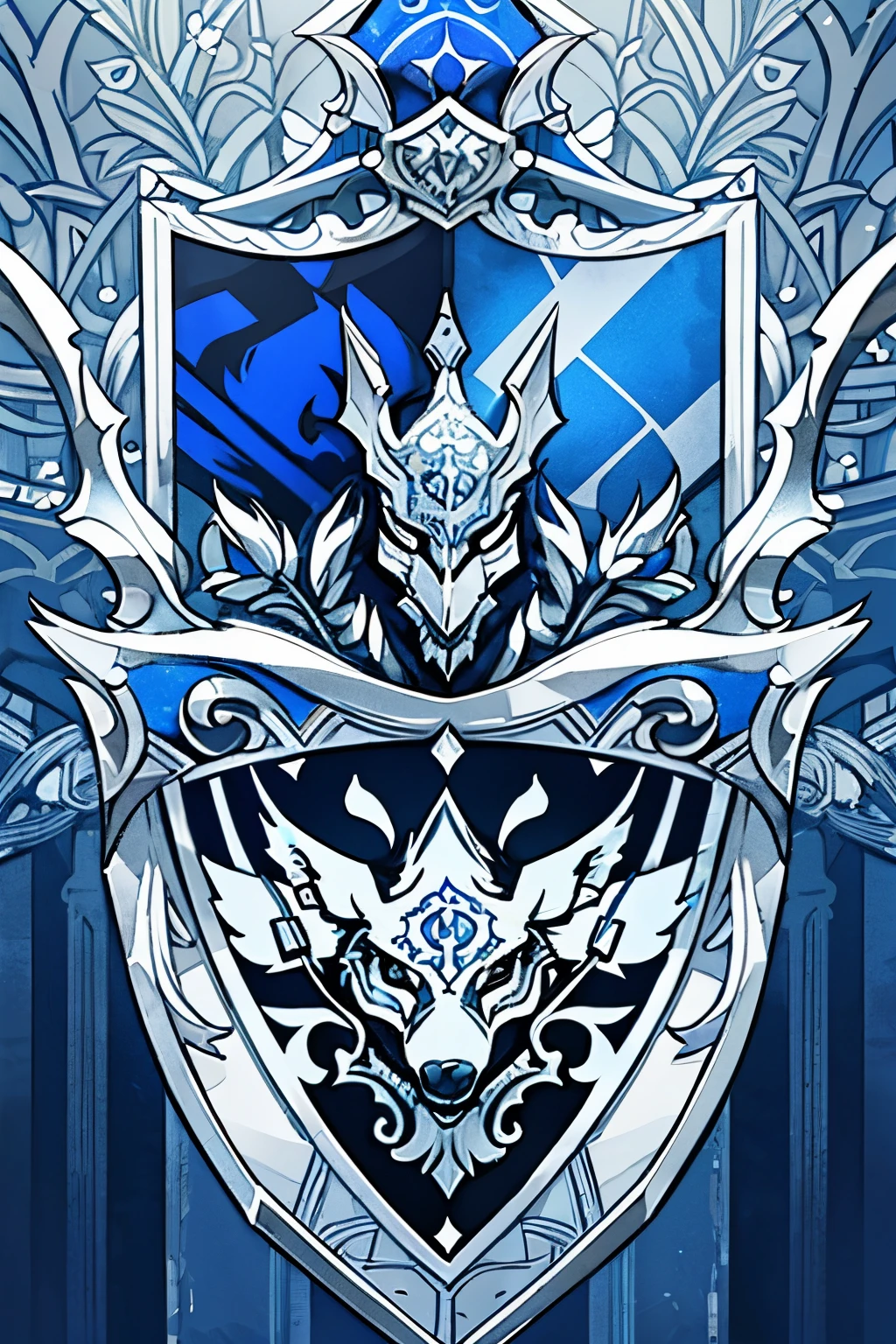 a wolf surrounded by swords, a silver and blue shield with a stylized design on it, shield design, fantasy shield, blue and silver armor, shield emblem, royal coat of arms, sword, weapon