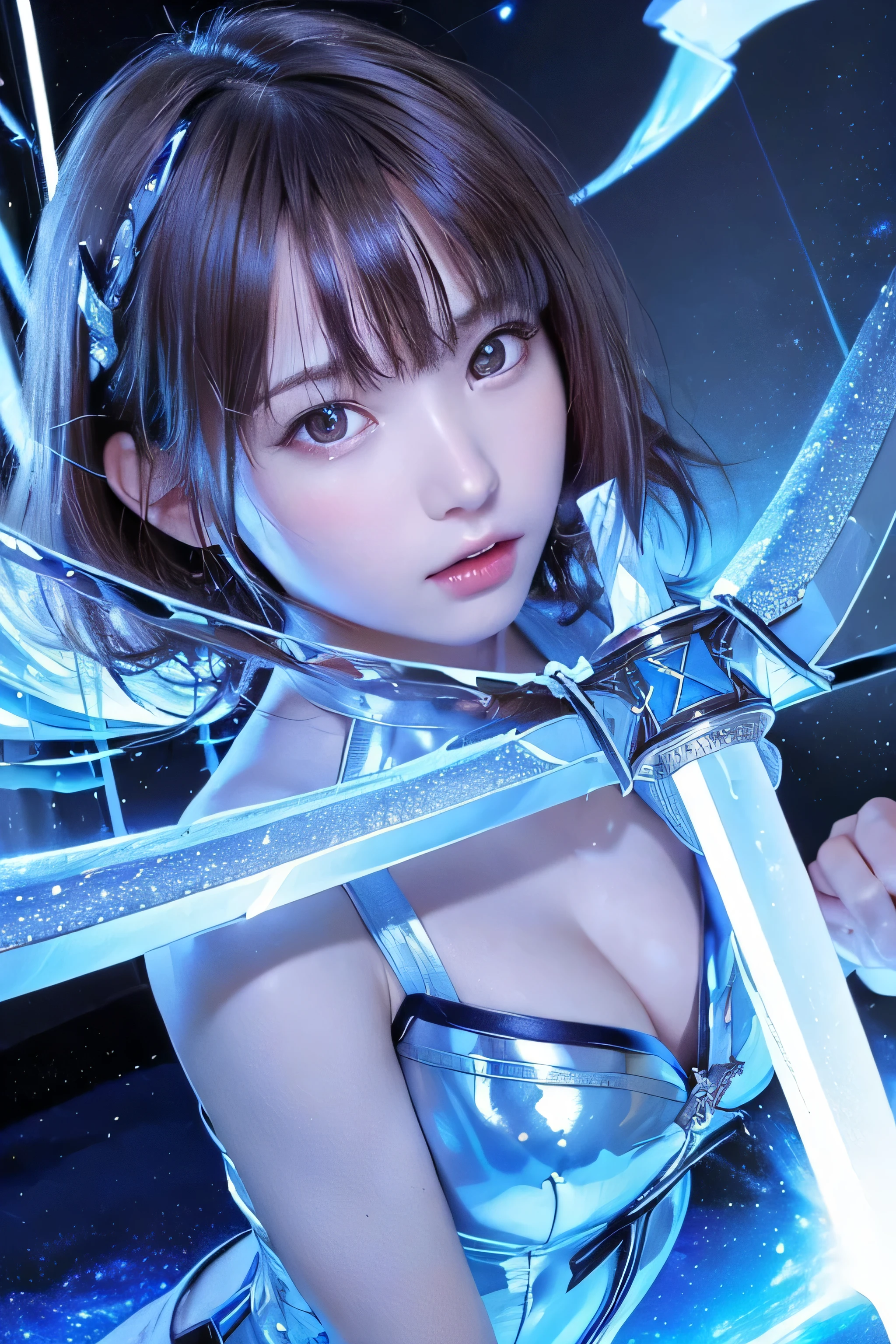 ((highest quality、best image quality、ultra high resolution))、(Photoreal), (realistic), (ultra high resolution), table top, highest quality, RAW photo, 超realistic, girl'face, the air looks clear, blend with the aurora.(((He has a legendary sword that emits blue lightning..........)))、blue energy effect、(((broken mirror)))