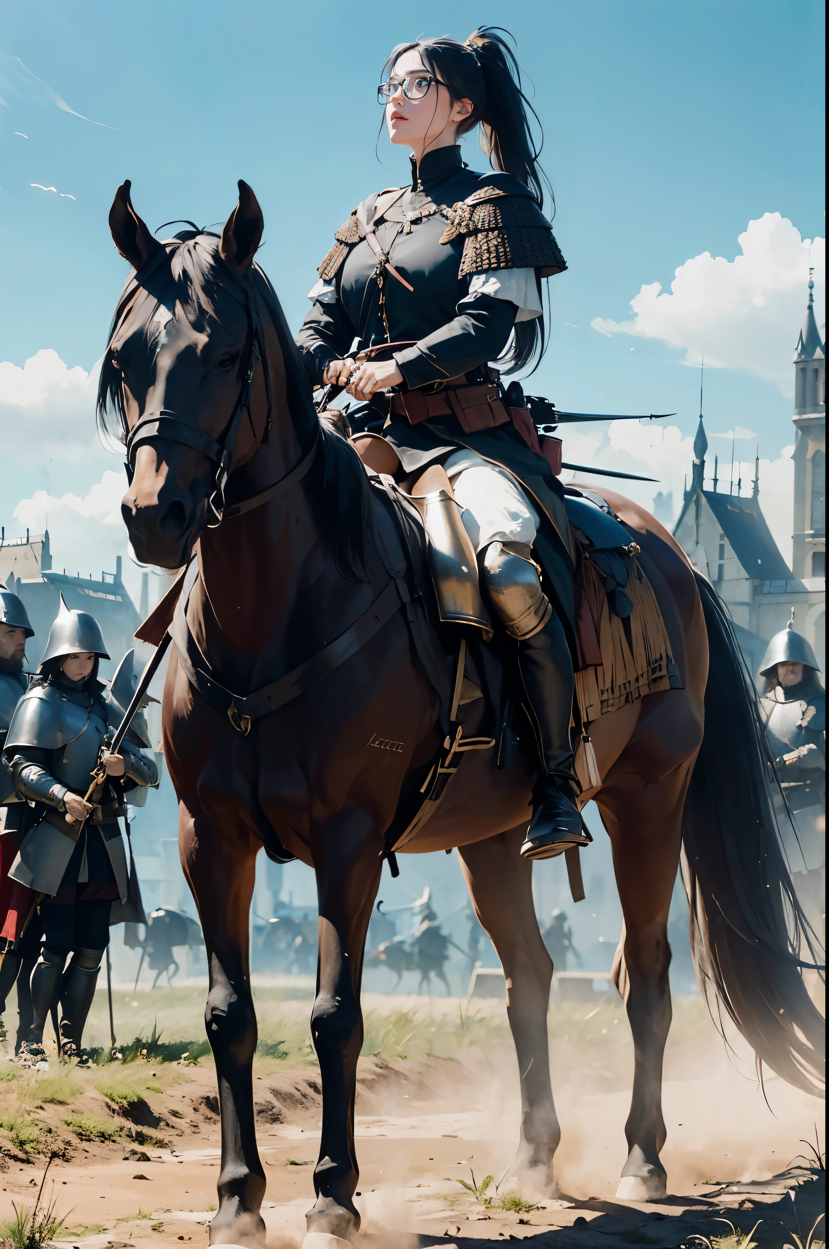 ((Wide angle view of the Hundred Years&#39; War in France)), beautiful young woman, black hair in a ponytail, smooth, wear glasses, สวมชุดเกราะของ Jeanne d&#39;Arc