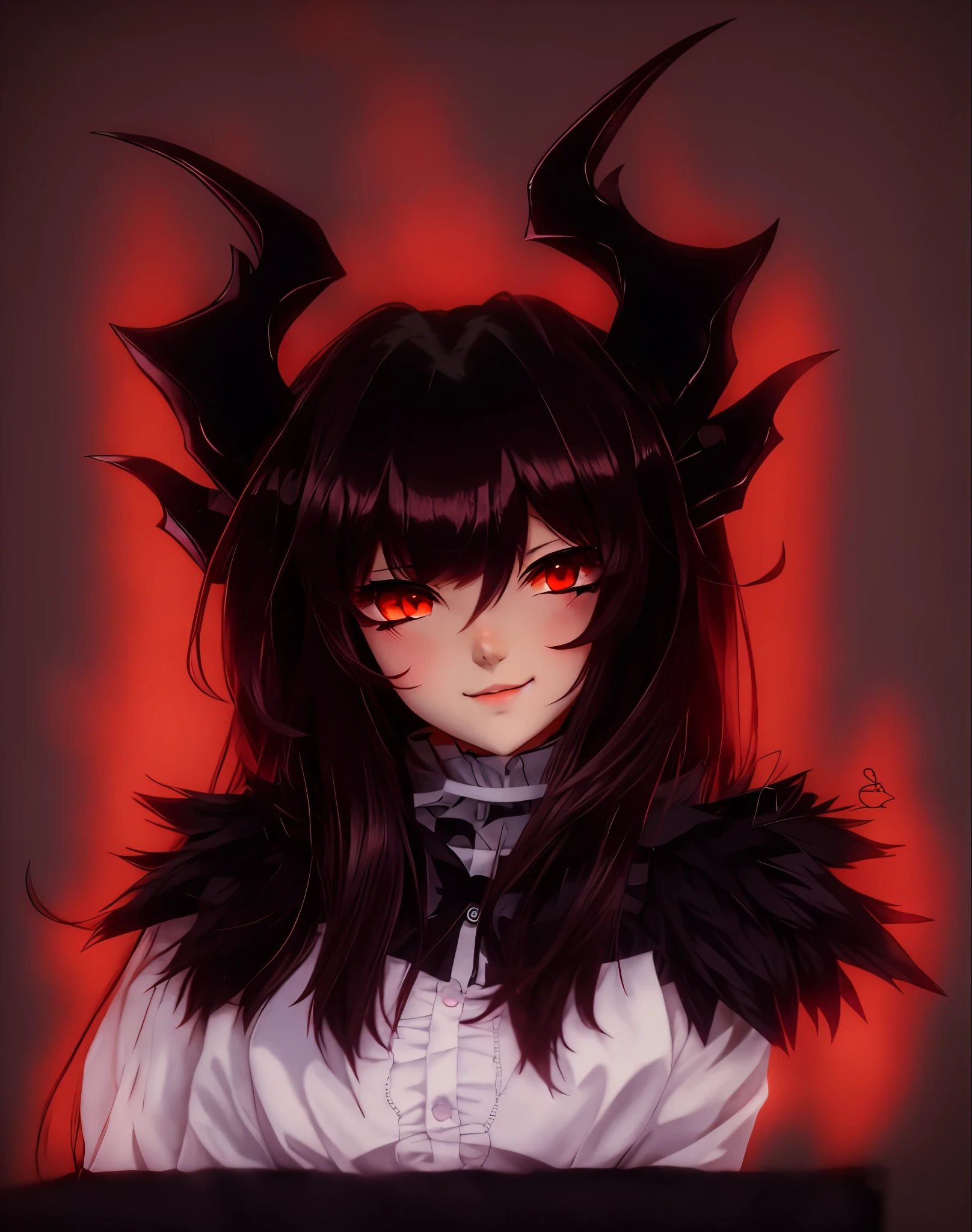 Anime girl with horns and red eyes in a white shirt, demon anime girl, Talk to Yandere grimdark, portrait Talk to Yandere grimdark, demon girl, anime monster girl, [[[[grinning evilly]]]], Albedo from Overlord, albedo from the anime overlord, portrait of demon girl, Mika Kurai demon