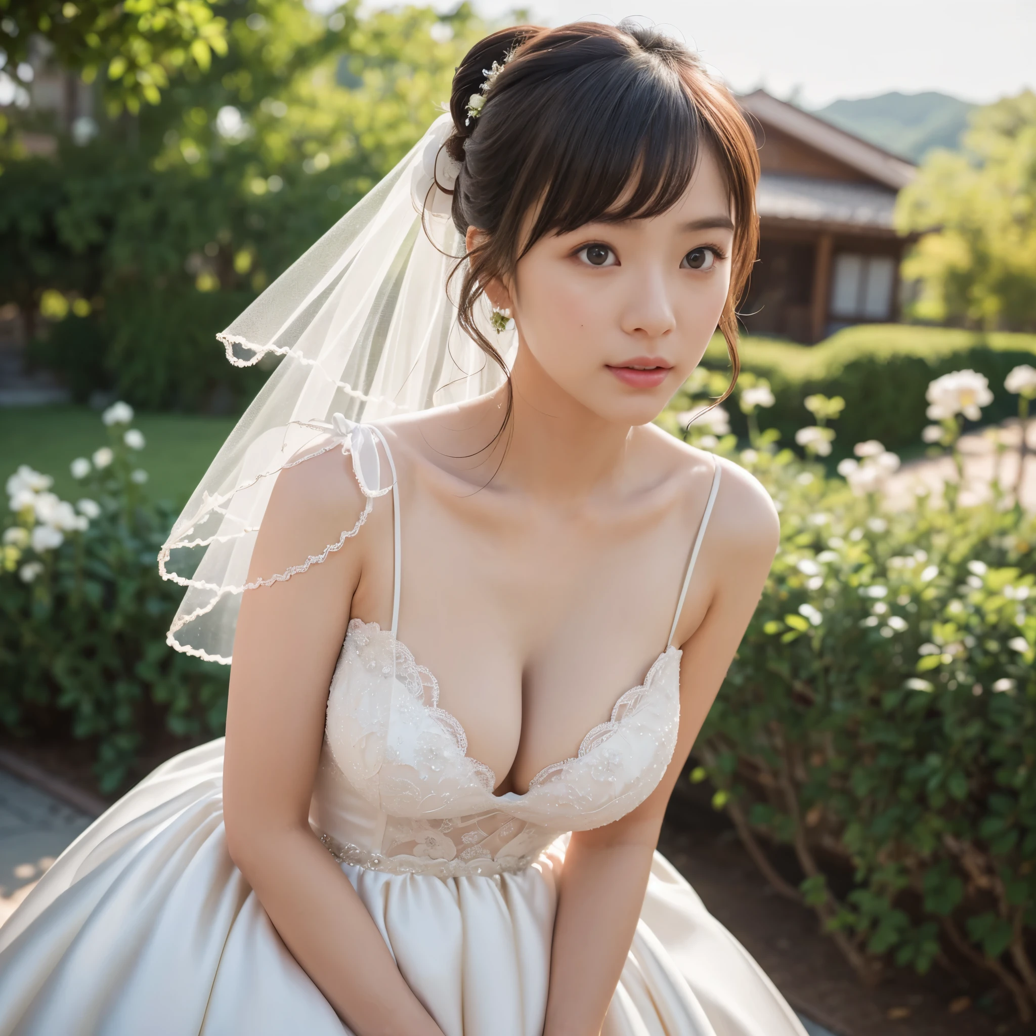 (realistic、Like a photograph、live action、8k, Photoreal, RAW photo, best image quality: 1.4), Single-lens reflex camera、RAW photo, highest quality, realistic, Highly detailed CG Unity 8k wallpaper, Depth of written boundary, cinematic light, Lens flare, ray tracing, realistic background、(Wedding dress:1.5、cleavage:1.37、big breasts、lift:1.2)、((super dense skin))、 1 female,cute japanese woman、japan bride、((completion:1.5)、looking at the viewer:1.1、embarrassed look、random hairstyle:1.2、i like the style、Snazzy、Super detailed、pay attention to details、long hair、hair arrangement、hair is up、perfect bridal dress、(white skin)、beautiful feet:1.1、standing in the garden、great atmosphere、View from the front、beautiful background、Detailed background depiction、detailed portrait