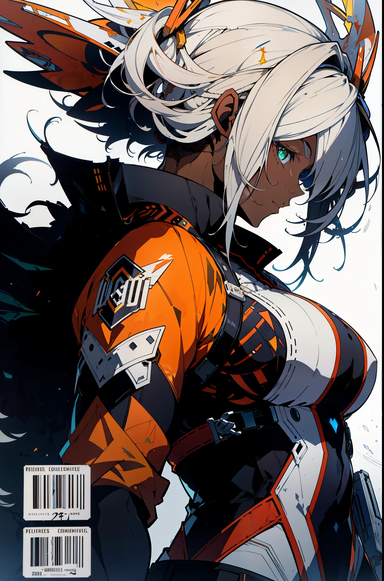 background, language_text, Japanese letters in graffit, black woman, muscular 35 years old woman, long white hair, excellent lighting, sidelighting, (), vhsKeeper,, style GUILTY GEAR -STRIVE perfect ultimate (flat color: 1.3), (magazine_cover: 1.4), striped_background, card_background, :: comix style by joe madureira :: circular pieces of white metals glued to the ultra detailed arms coming out sparkling shine, , perfect and detailed, ultra detailed tight yellow jacket with print of Japanese letters in graffit of the sides of the clothes, image of woman with abs, with immersive effects, hover effect, Muscular black woman in skin tight clothes, white hair, tight yellow jacket, AB XCover, intricate pencil sketch, expressive eyes and nose and mouth, un-zoom, by Jim Lee right profile centered key visual intricate highly detailed breathtaking precise lineart vibrant panoramic cinematic, dynamic pose, white background