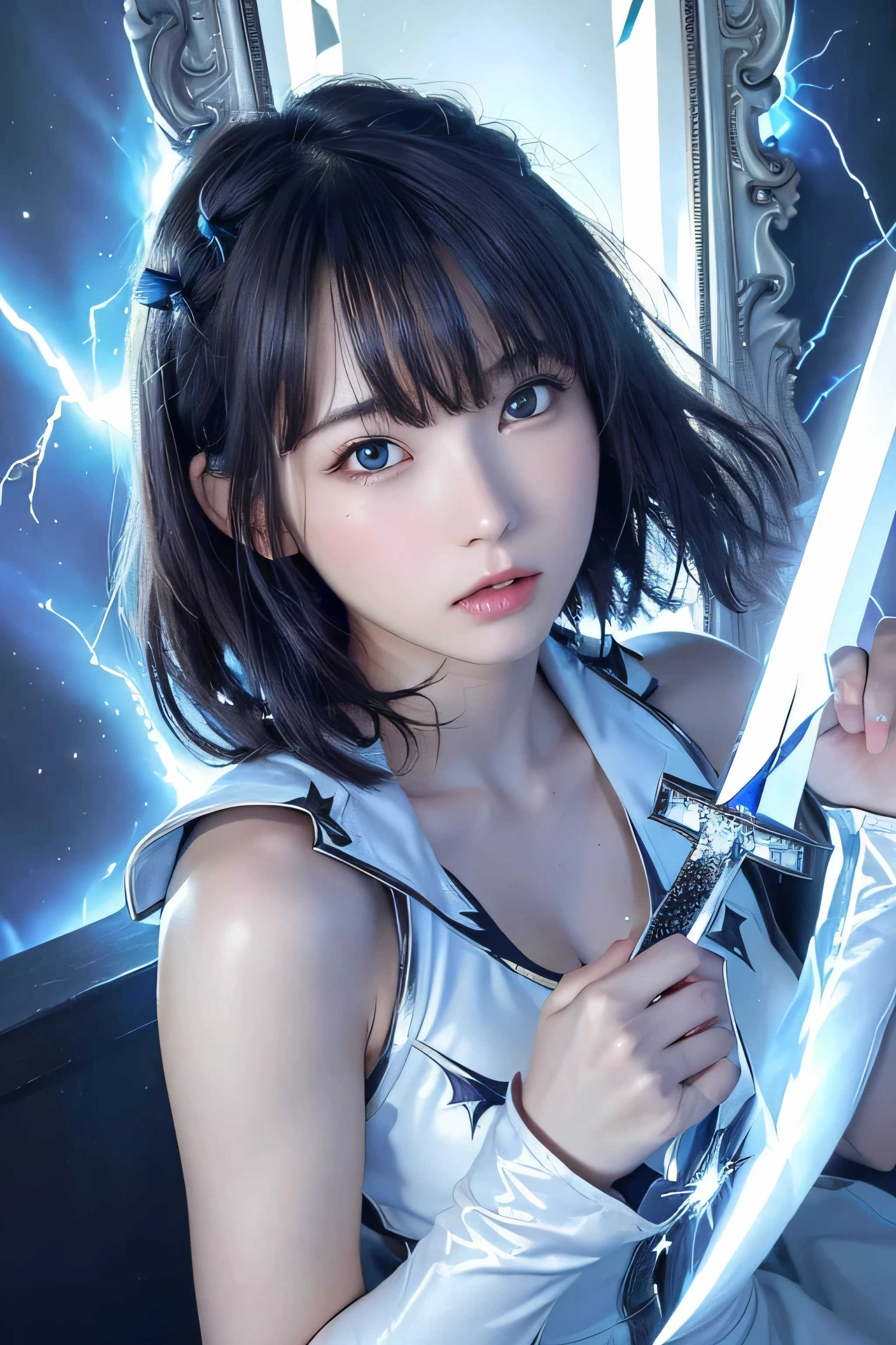 ((highest quality、best image quality、ultra high resolution))、(Photoreal), (realistic), (ultra high resolution), table top, highest quality, RAW photo, 超realistic, girl&#39;face, the air looks clear, blend with the aurora.(((He has a legendary sword that emits blue lightning..........)))、blue eyes、blue energy effect、(((broken mirror)))