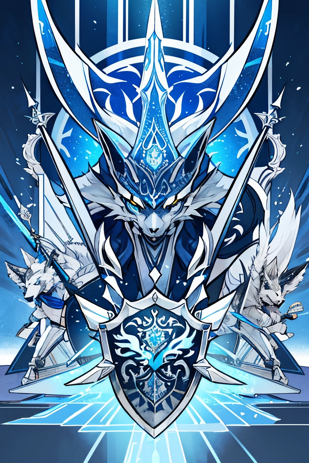 a wolf surrounded by swords, a silver and blue shield with a stylized design on it, shield design, fantasy shield, blue and silver armor, shield emblem, royal coat of arms, sword, weapon