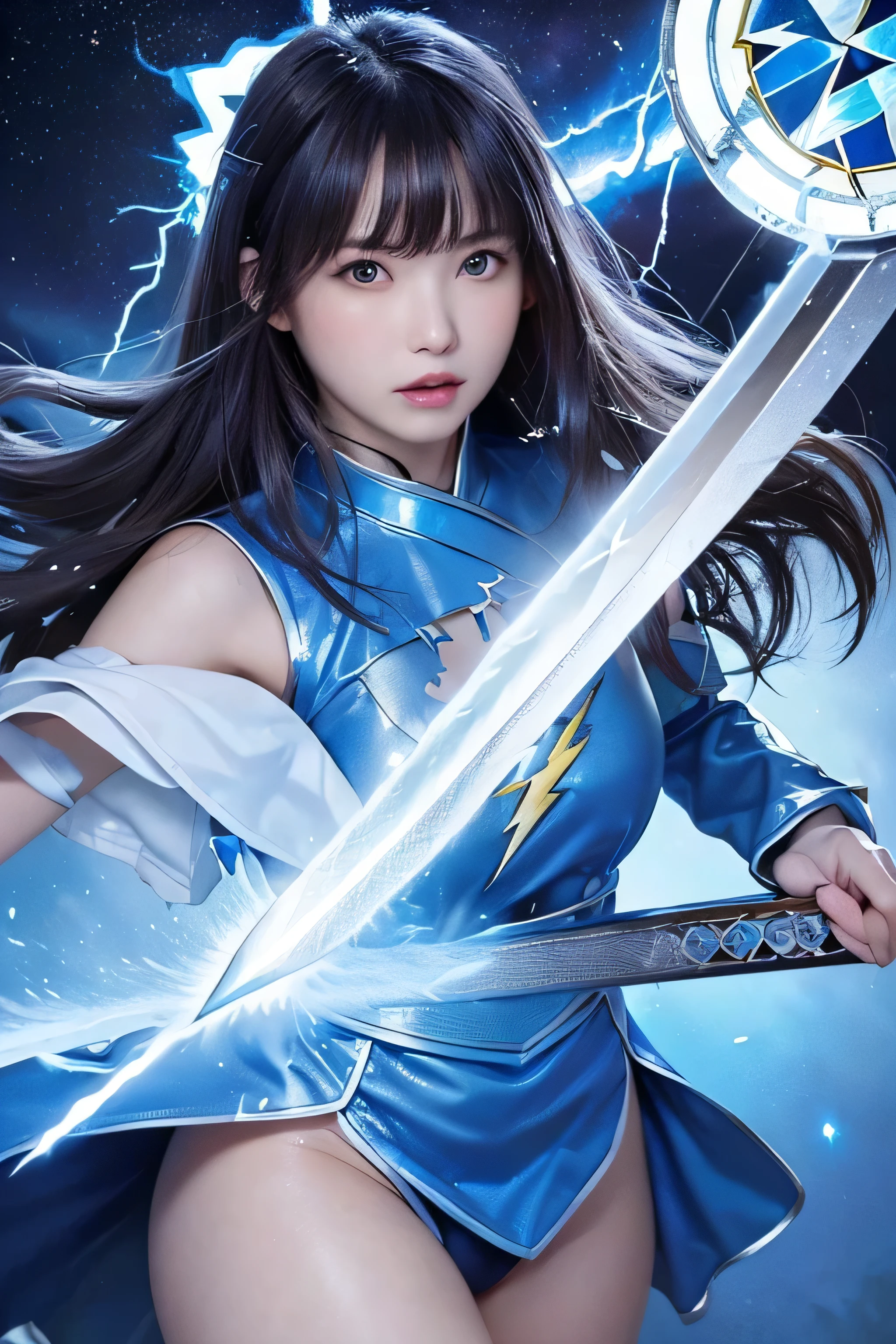 ((highest quality、best image quality、ultra high resolution))、(Photoreal), (realistic), (ultra high resolution), table top, highest quality, RAW photo, 超realistic, girl'face, the air looks clear, blend with the aurora.(((He has a legendary sword that emits blue lightning..........)))、blue eyes、blue energy effect、(((broken mirror)))