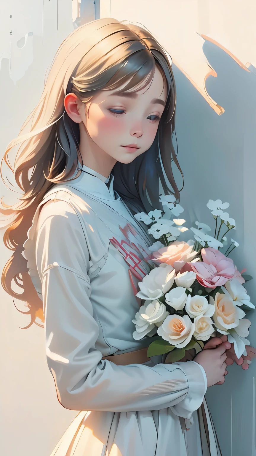 (((simple configuration)))、(((The background is a white wall:1.2)))、one girl、hugging a teddy bear、perfect anatomy、painterly、sketch、very delicate、wall with cloud-like pattern、、Floral、delicate depiction、abstract、Bright colors overall、Gentle color、Taisho romance、(masterpiece、highest quality、highest quality、official art、beautiful beautiful:1.2)、