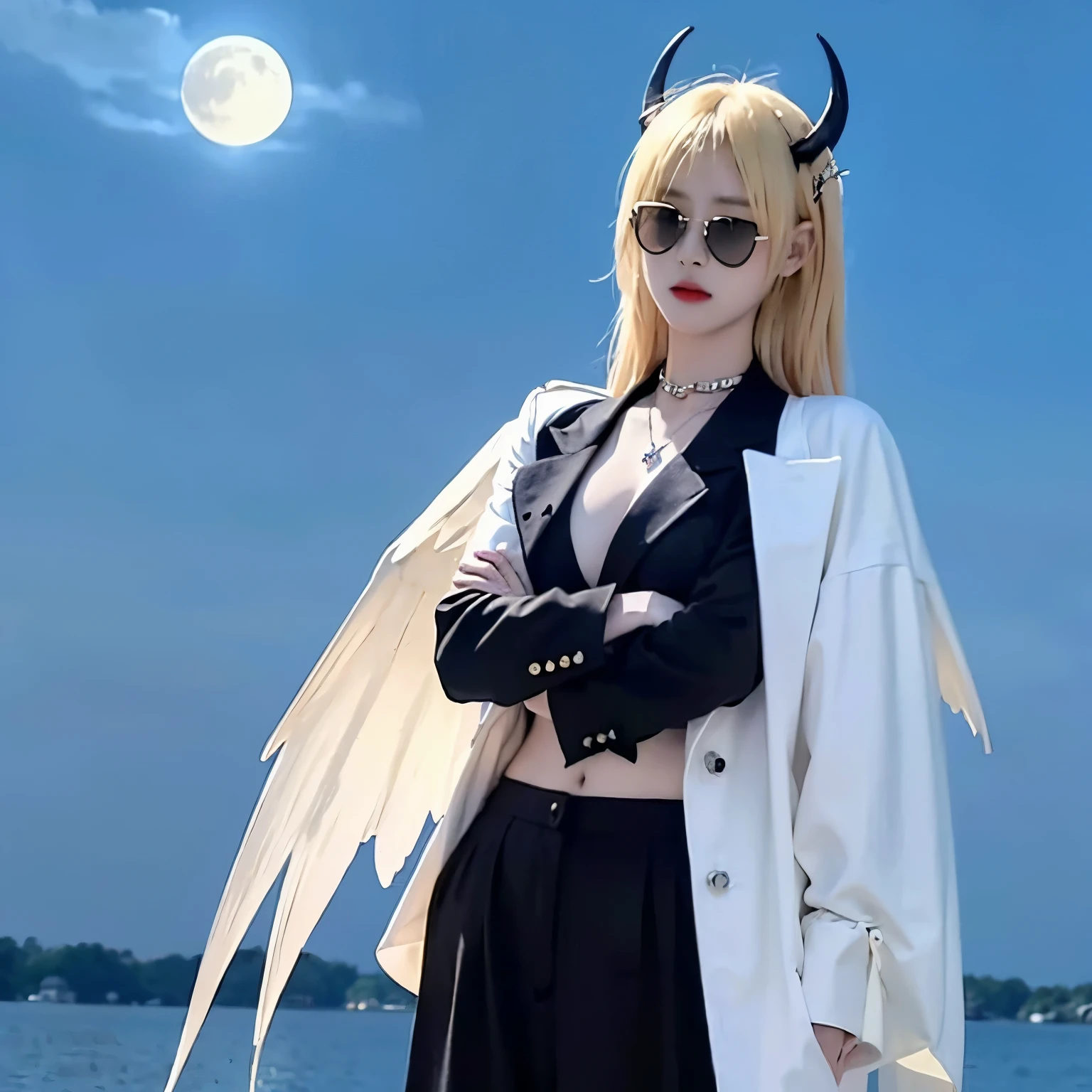 Sunglasses,satanic necklace,choker, black suit, suit with tie, black veil, satanic earing,standing in the lake with moon in the sky, angel, wings, White wings, holy girl, horns, lucifer, sunglasses, blonde hair