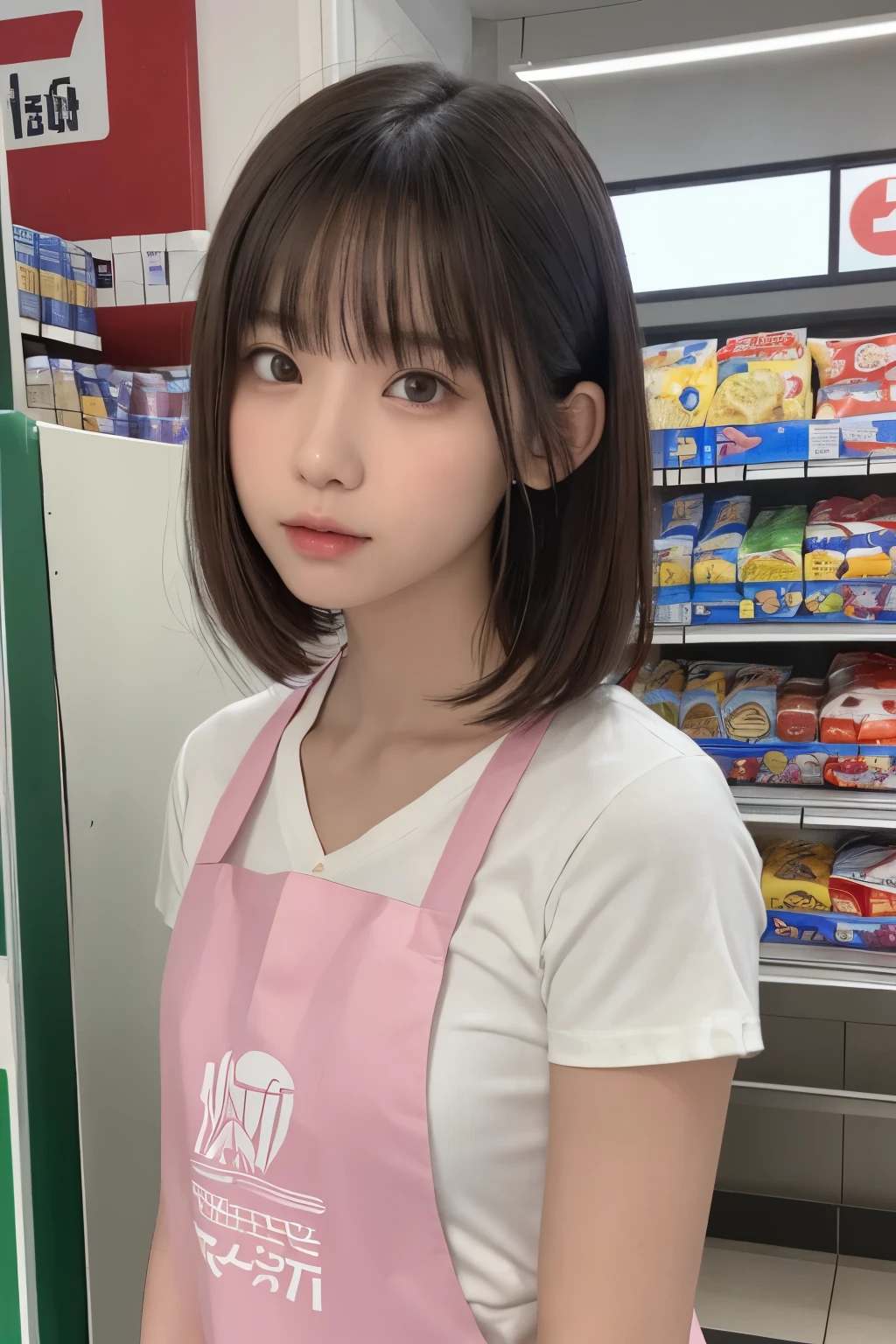 one girl, (a beauty girl, delicate girl:1.3), (15 years old, :1.3),歯を見せる笑顔
break, (shirt, green apron, family mart:1.3),巨乳
break, extremely fine-grained clarity, (symmetrical eyes:1.3),Plump thighs、full body figure、
break, (Inside a convenience store:1.3), perfectly trimmed fingers,
break, small breasts, brown eyes, parted bangs, brown hair,  girl,
break, (Eye and face details:1.0),
break, (masterpiece, highest quality, super detailed, detailed face, 8k)