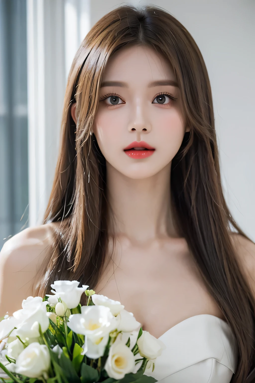 High-quality work，Realistic works，Super premium graphics，8K HD CG works，high quality graphics，High-definition and exquisite CG works，10x pixels，Ultra-fine details：1.1，Advanced technical details：1.1Realistic photo effects，Interior lighting effects：1.5，natural soft light：1.5. Light effect（Virtual light effects：1.8），ultra high resolution，shining dress，sliver long hair，silber hair，transparenthair，high detailed hair（Quality hair details：1.1）Clear  eyes，Double eyelids look good，Sharp eye makeup, Create exquisite eyelash makeup, tthin eyebrows, Ultra-detailed eyes，a tall nose, lovely red lips, rosey cheeks, With delicate makeup on her face , pretty  face, The face shape is perfectly proportioned,（Advanced facial details：1.1）1girl, long hair, flower, Lisianthus, in the style of white and light azure, dreamy and romantic compositions, white, ethereal foliage, playful arrangements, fantasy, high contrast, ink strokes, explosions, over exposure, white and white tone impression, abstract, attractive pose,

，Women's artwork，Dress full body video，Realism，Amazing Cleavage，My eyes are very bright today
