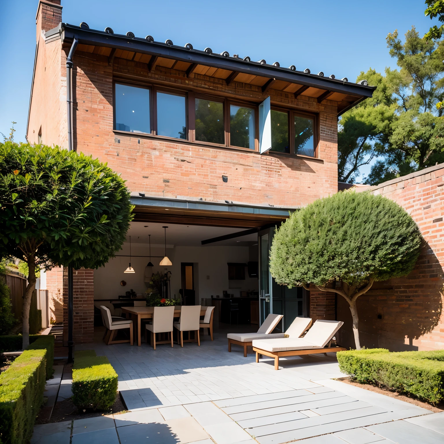 A large rectangular terrace in front of the house, in a modern style, with 19th-century brick on the main wall, roofing based on anthracite-colored poles. There are tiles on the floor. Inside, there are tables and chairs made of rafan. There are thujas or other shrubs around, a realistic photo