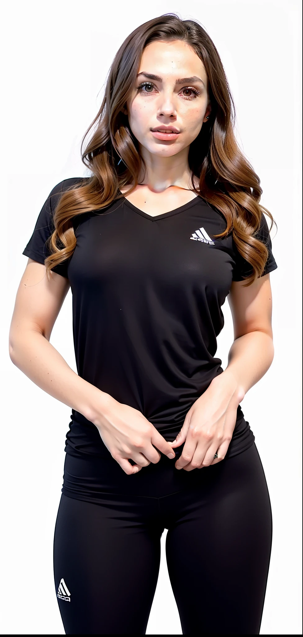 a woman in preto shirt and preto pants posing for a picture, roupas esportivas, roupas esportivas, camiseta esportiva, wearing a volleyball shirt, sports bra and shirt, preto t shirt, manga curta, detalhe perfeito, preto shirt, wearing a preto t-shirt, preto jersey, two piece workout clothes, wearing preto tshirt, preto, camisa apertada, waist reaching ponytail, imagem sexy de Gal Gadot