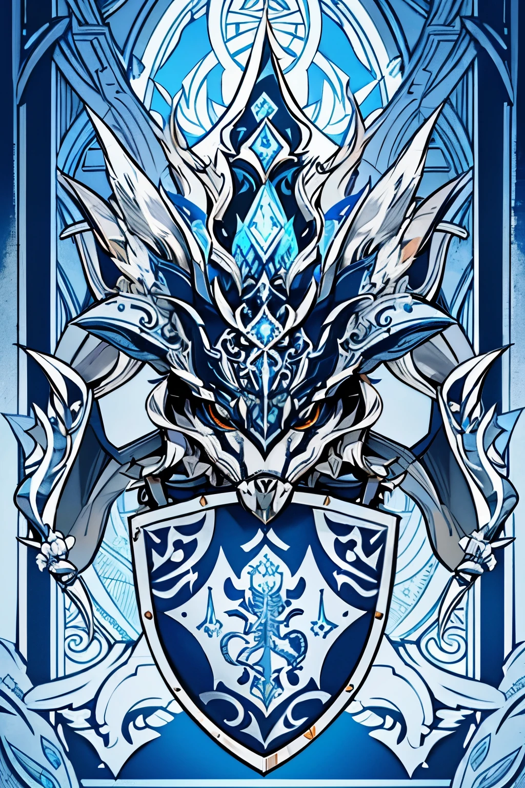 a wolf surrounded by swords, a silver and blue shield with a stylized design on it, shield design, fantasy shield, blue and silver armor, shield emblem, royal coat of arms, sword, weapon
