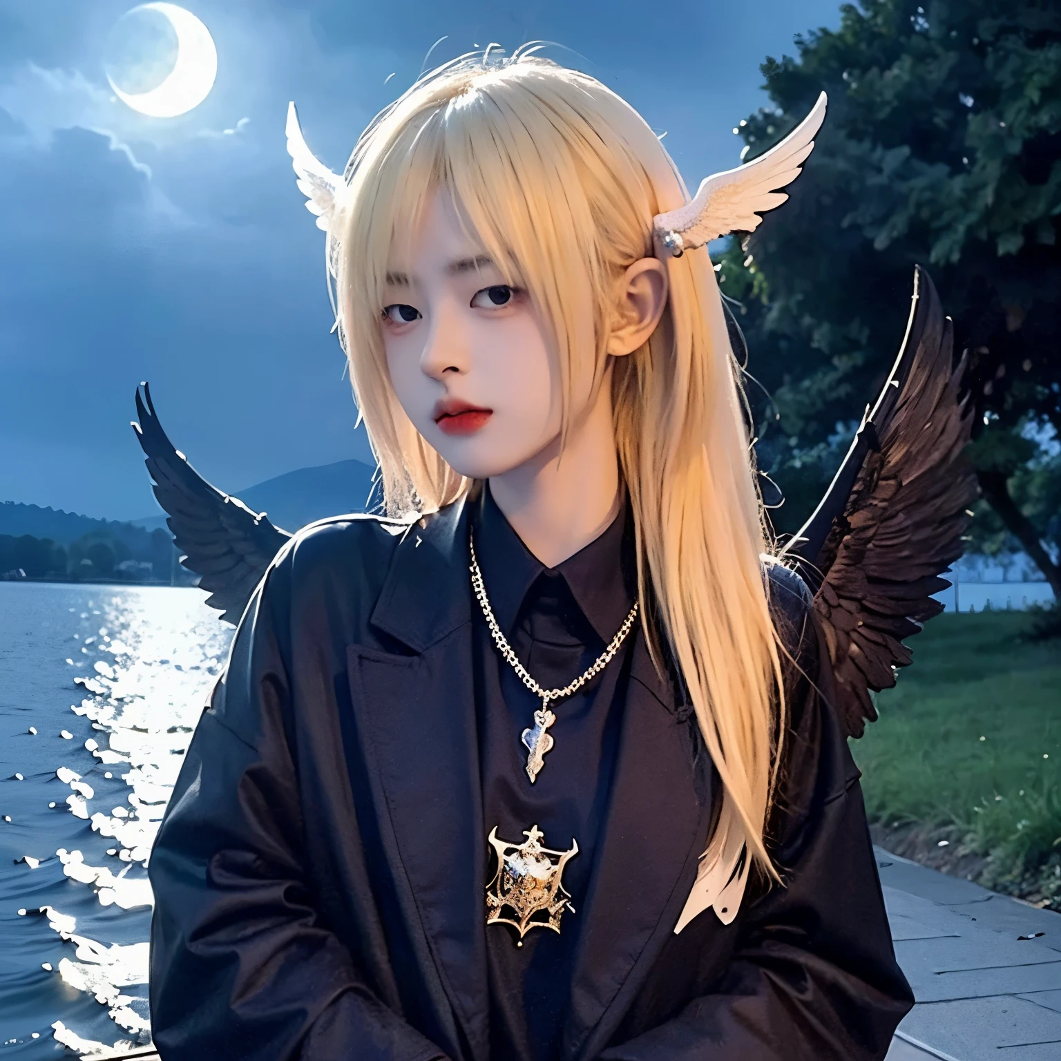 Sunglasses,satanic necklace,choker, black suit, suit with tie, black veil, satanic earing,standing in the lake with moon in the sky, angel, wings, White wings, holy girl, horns, lucifer, sunglasses, blonde hair