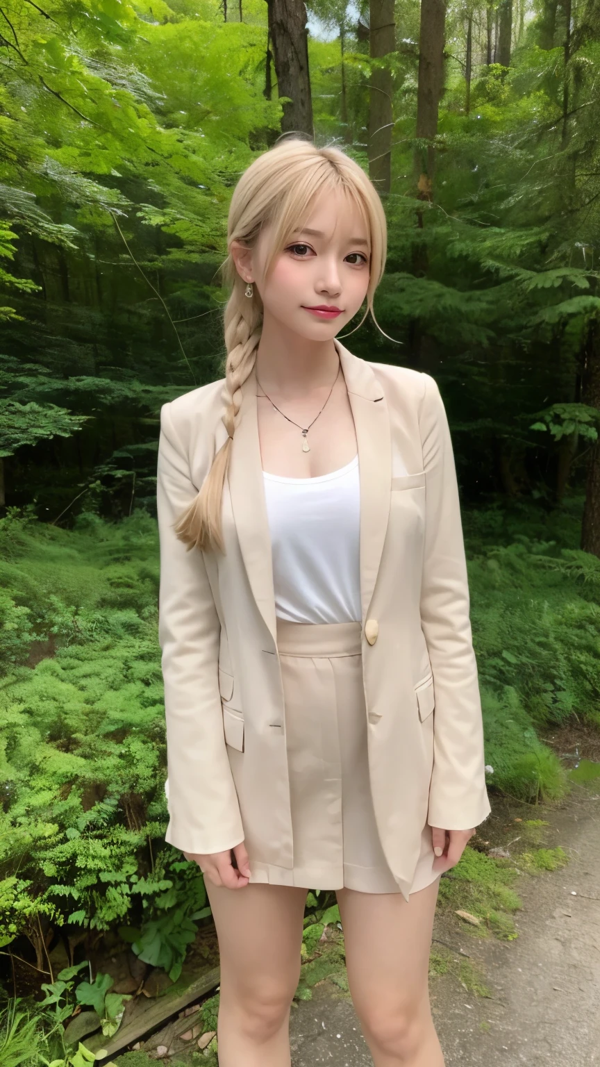 ((high-definition images, masterpiece, atmospheric perspective, 8k, super detail, accurate, best quality, single shot)), (((a westerner cute women with masturbation))), (casual style), jacket, unbuttoned shirt, swollen areoles, (round face, eyes realistic sizing, drooping eyes, blush, smile), (((standing and spread legs, focus on pubic hair))), (in the forest, mountain, rock, thin river, at night), blond braid hair, tiny earrings, thin necklace, (light makeup), 