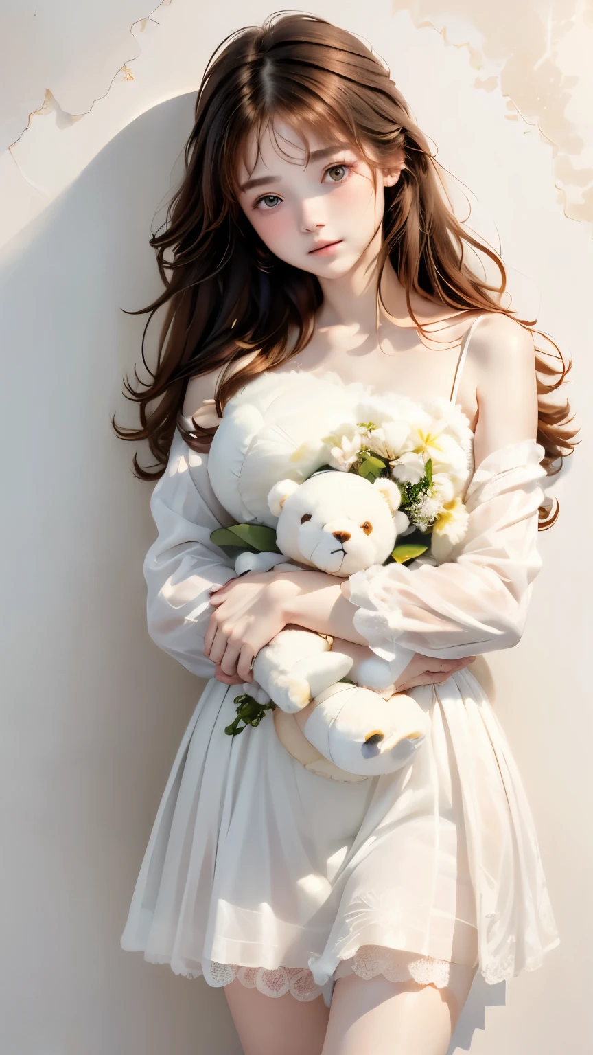 (((simple configuration)))、(((The background is a white wall:1.2)))、one girl、(((hugging a teddy bear)))、perfect anatomy、painterly、sketch、very delicate、wall with cloud-like pattern、、Floral、delicate depiction、abstract、Bright colors overall、Gentle color、Taisho romance、(masterpiece、highest quality、highest quality、official art、beautiful beautiful:1.2)、