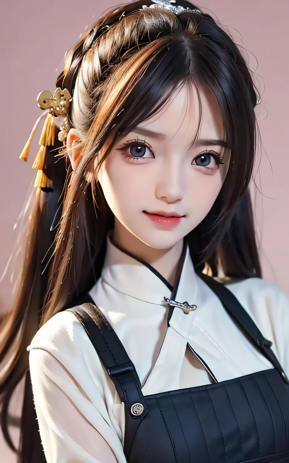 (超高分辨率,Photorealistic,Realistic,Best quality,photo-realistic), (highdetailskin,Visible pores),(Real Human,photographed), (((Blue Hanfu,Chinese style))),Realistic,Simple background,Upper body, (8K, RAW photo, Best quality, Masterpiece),(1 girl),photon maping, Radio City, Physically-based rendering,automatic white balance,(((haunting smile,Long hair))),Watery eyes, (Blush|Cute and playful|Adorable|Skinny|Thick bangs|Beauty|double tails|hair-bun,),(view the viewer),(irises and pupils are rounded,the pupil reflelts the surroundings,Eyes are not the same size), Chinese street, scenery, Morning