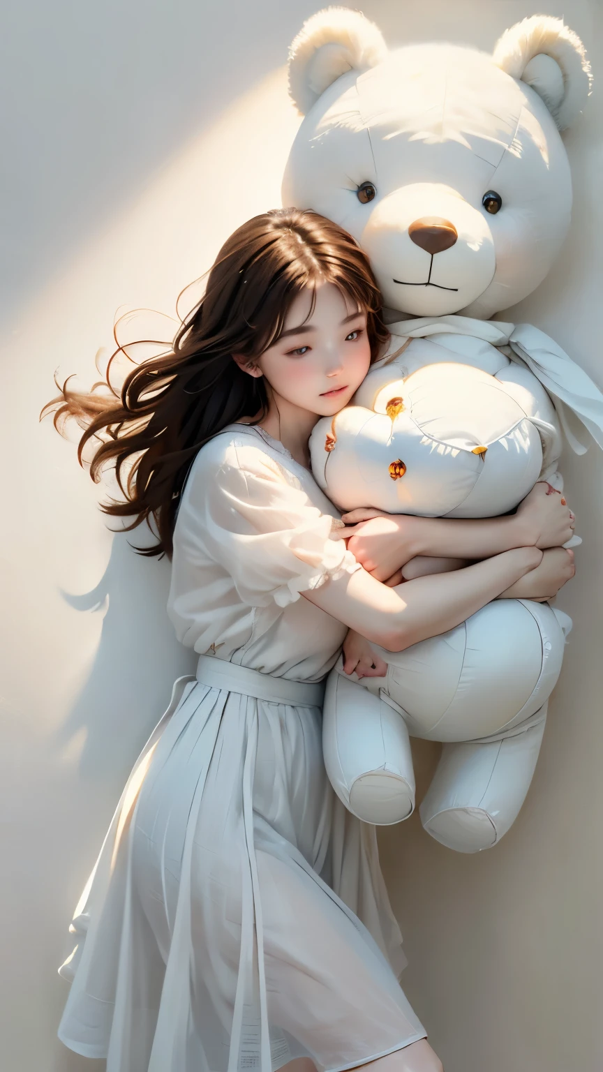 (((simple configuration)))、(((The background is a white wall:1.2)))、one girl、(((hugging a teddy bear)))、perfect anatomy、painterly、sketch、very delicate、wall with cloud-like pattern、、Floral、delicate depiction、abstract、Bright colors overall、Gentle color、Taisho romance、(masterpiece、highest quality、highest quality、official art、beautiful beautiful:1.2)、