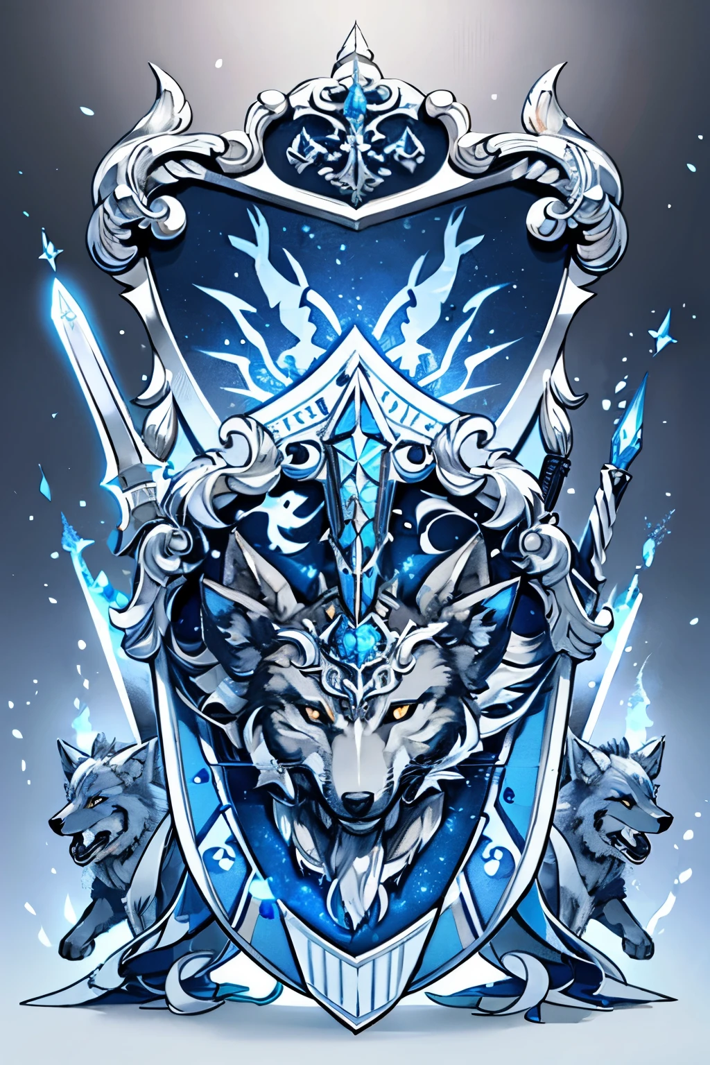 a wolf surrounded by swords, a silver and blue shield with a stylized design on it, shield design, fantasy shield, blue and silver armor, shield emblem, royal coat of arms, sword, weapon