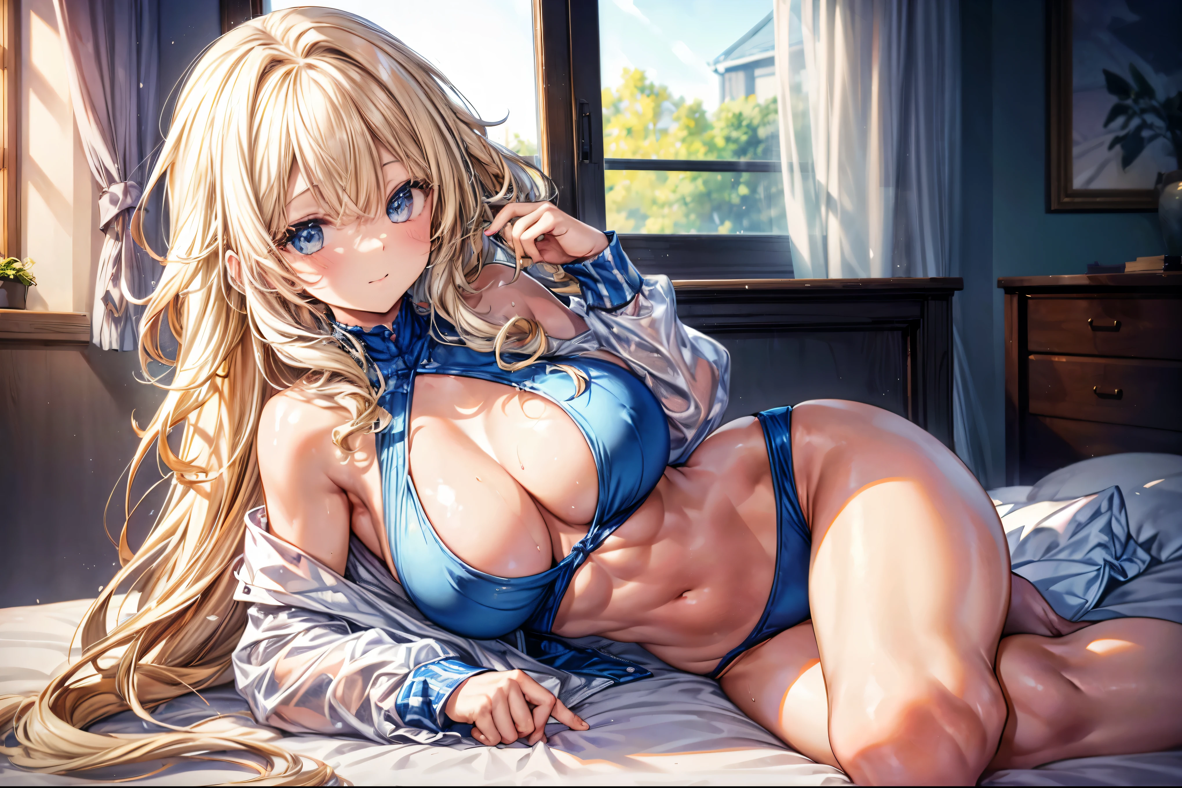 sensual, ((long blonde curly hair)), thick thighs, 8k, 4k, highest quality, High resolution:1.2), cute anime face, noise reduction, ((shining blue eyes, gentle smile, kind eyes))、toned abdominal muscles, muscular arms, muscular legs,  young face, anime eyes, (((???????????、A ????? that is about to burst)))、(((whole body)))、Wearing a white high-leg cut leotard、please lie down on the bed
