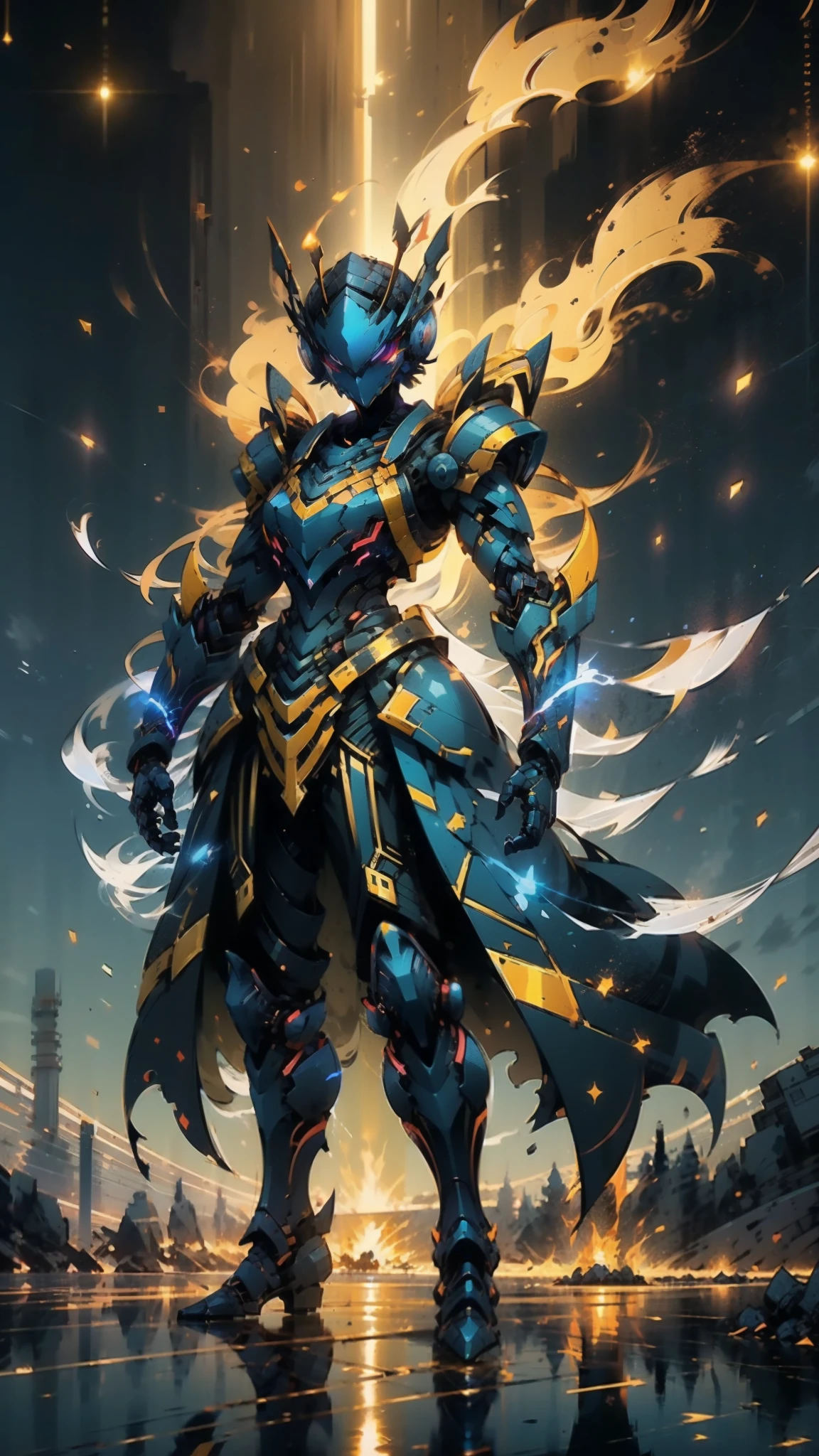 A woman adorned in fantasy-style full-body armor, a crown-concept fully enclosed helmet that unveils only her eyes, a composite layered chest plate, fully encompassing shoulder and hand guards, a lightweight waist armor, form-fitting shin guards, the overall design is heavy-duty yet flexible, ((the armor gleams with a golden glow, complemented by red and blue accents)), exhibiting a noble aura, she floats above a fantasy-surreal high-tech city, this character embodies a finely crafted fantasy-surreal style armored hero in anime style, exquisite and mature manga art style, (Queen bee mixed with Spider concept Armor, plasma, blood), ((Element, energy, elegant, goddess, femminine:1.5)), metallic, high definition, best quality, highres, ultra-detailed, ultra-fine painting, extremely delicate, professional, anatomically correct, symmetrical face, extremely detailed eyes and face, high quality eyes, creativity, RAW photo, UHD, 32k, Natural light, cinematic lighting, masterpiece-anatomy-perfect, masterpiece:1.5