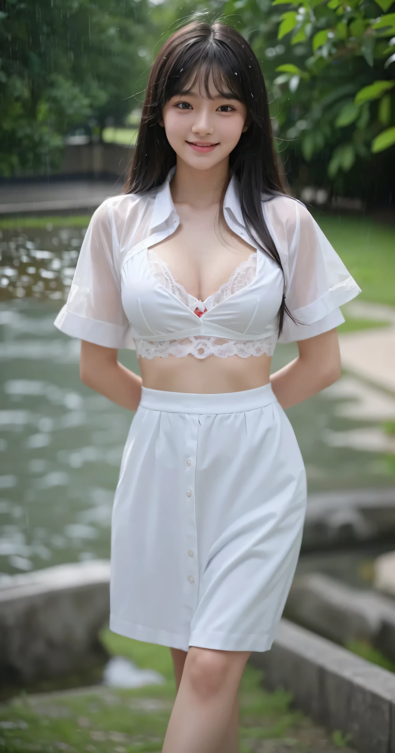 Not NSFW、high quality、Realistic and photo-like、One beautiful girl、high school girl in uniform、in the pouring rain、A white lace bra can be seen through the shirt.、Black hair smiling shyly、have bangs、Fair skin、thin eyebrows、long hair、big breasts、A presence that is out of this world、