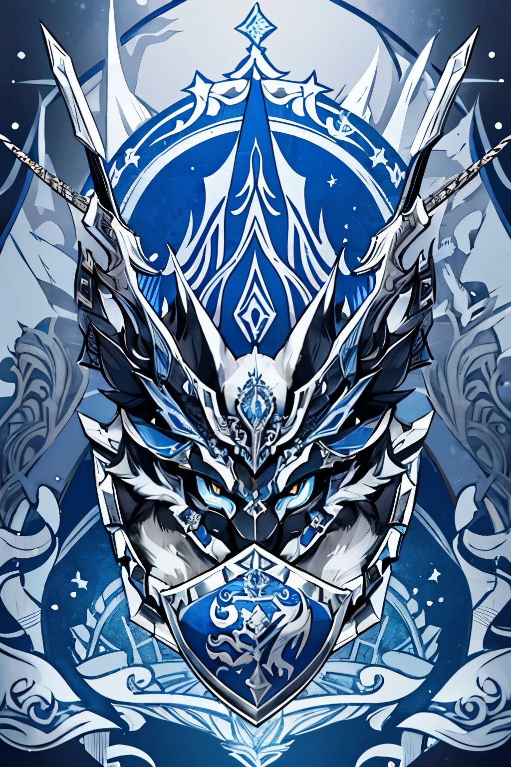a wolf surrounded by swords, a silver and blue shield with a stylized design on it, shield design, fantasy shield, blue and silver armor, shield emblem, royal coat of arms, sword, weapon