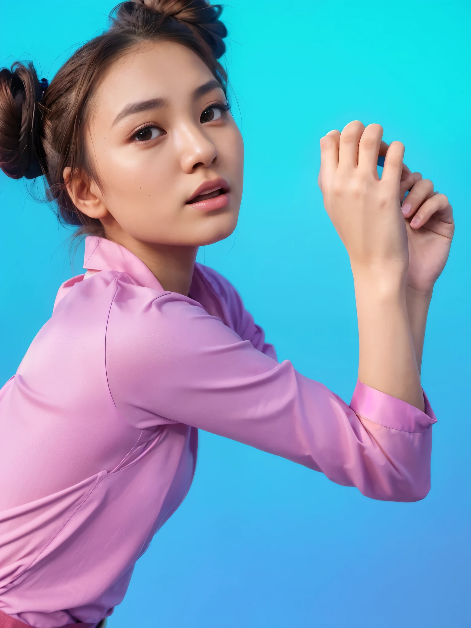 A asian girl with two bun hairstyle, wearing a pink shirt and suspenders, looks scared. Satin skin with natural texture, ultra realistic hyper realistic body skin texture ultra realistic a girl with long brown bun hairstyle, wearing a bright shirt, stretches out her hands. She has a frightened expression on her face, perfect smooth skin. with long brown hair bun hairstyle, smoot, multiple light sources, rim light, sharp post effects render, perfect cgi, digital art, detailed digital art, reflective, best quality, 4k, masterpiece:1.2, ultra-detailed, realistic, vivid colors, dark and moody lighting, The image of the highest quality, ensuring every detail showcased perfectly. It in 4k resolution, allowing viewers to immerse themselves in the richness of the colors and intricate details. The realistic rendering. under the spotlight, reflecting, high-resolution image, realistic rendering, dark background, and rim light