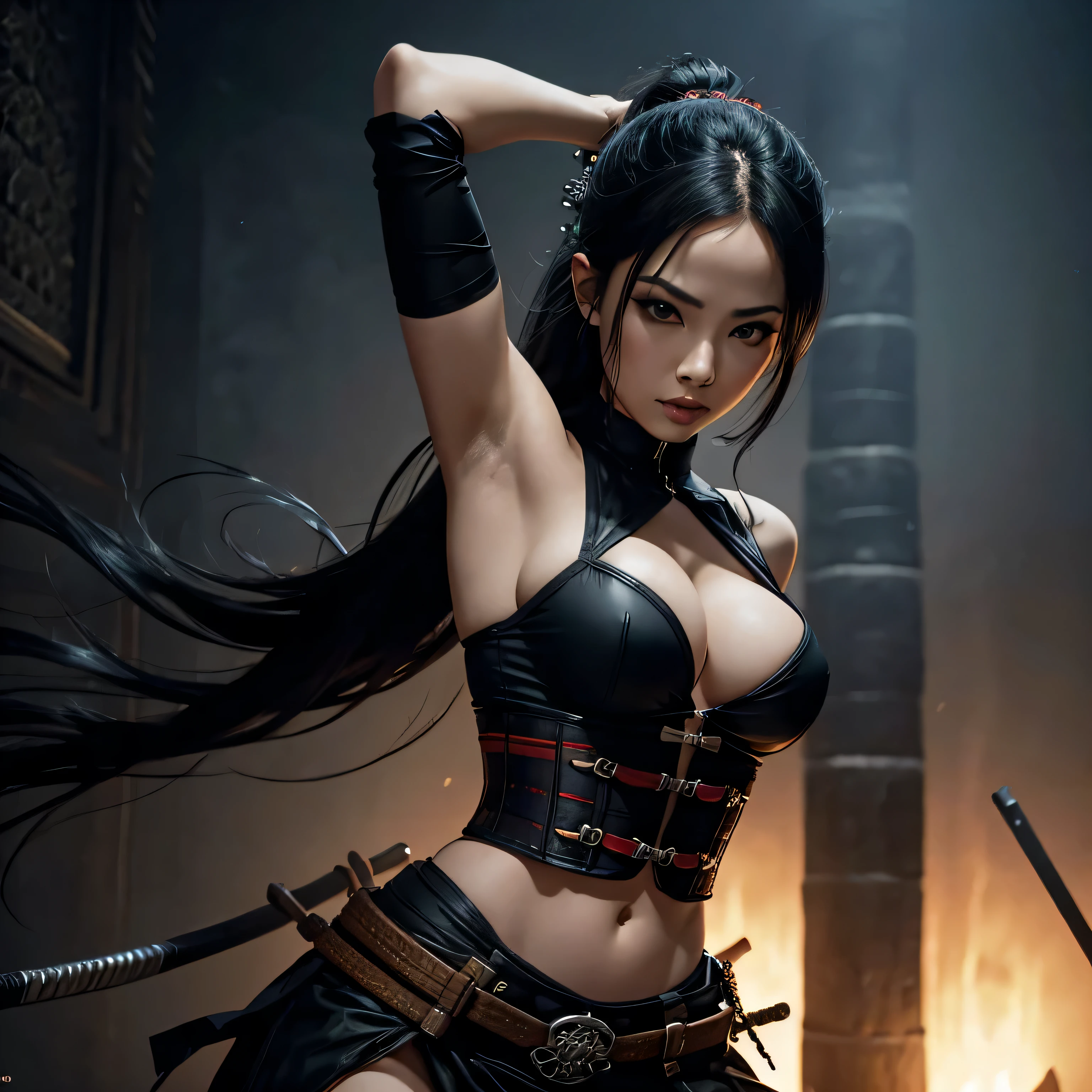 1 girl, sexy, beautiful samurai, katana, samurai, muscular abs, navel, fantasy, sensual, cropped corset goth top, goth girl, sexy, deep navel, goth makeup, armpit, action pose, fighting, wounded