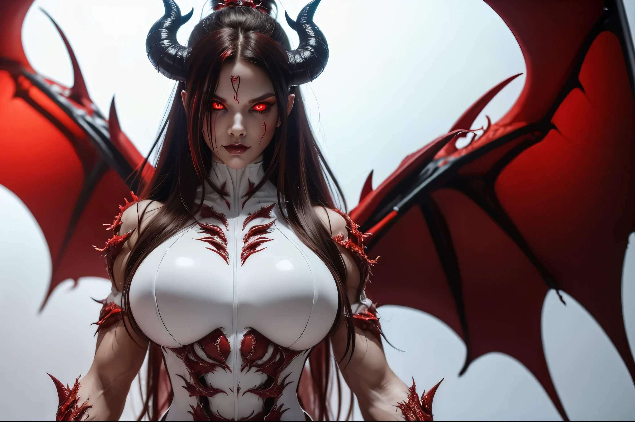 (carnage:1.5),(black and white demoness:1.5),(beautiful female model:1.5), (demoness with Large horns:1.25),(1 super muscular succubus with flayed skin:1.5), (covered in thick white muscle suit:1.5), (exposed perfect anatomy:1.5), high detail, best quality, masterpiece, finely detail, realistic skin texture, 85 mm art lens, f 1.2, sharp focus, 8 k high definition, insanely detailed, intricate, glowing red eyes, dark hair, glowing white background, hair bun, beautiful female face, white skin