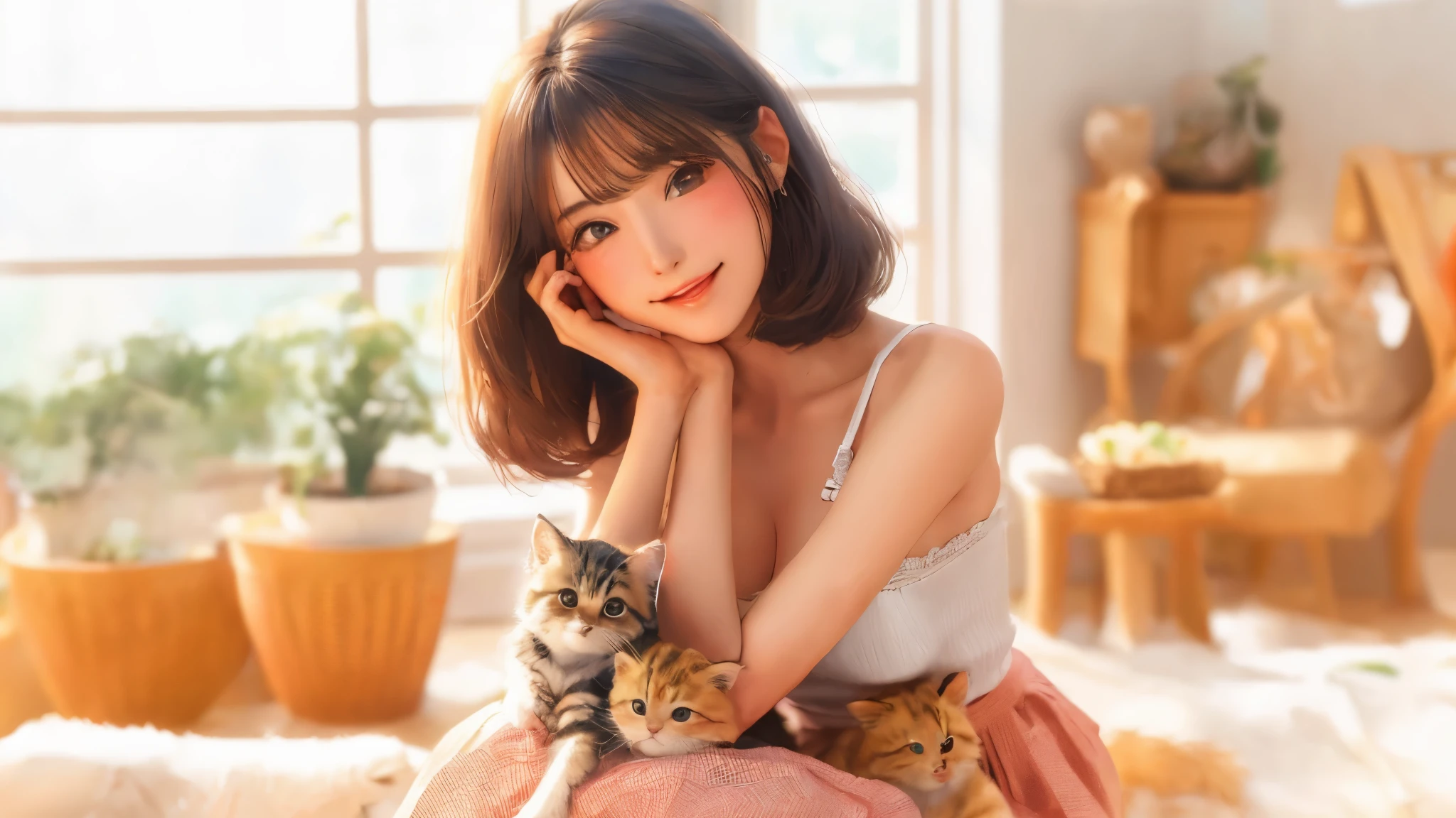 (high quality、8K、ultra hd、Beautiful 16 year old Japanese woman with a kitten on her lap)、Tank top、mini skirt、A happy smile、whole body、random pose、A cute pop room with kittens、digital painting、concept art、3D lighting、2D rendering、art germ、ArtStat Trends、pop of color、pop art、Realistic depiction like a photo