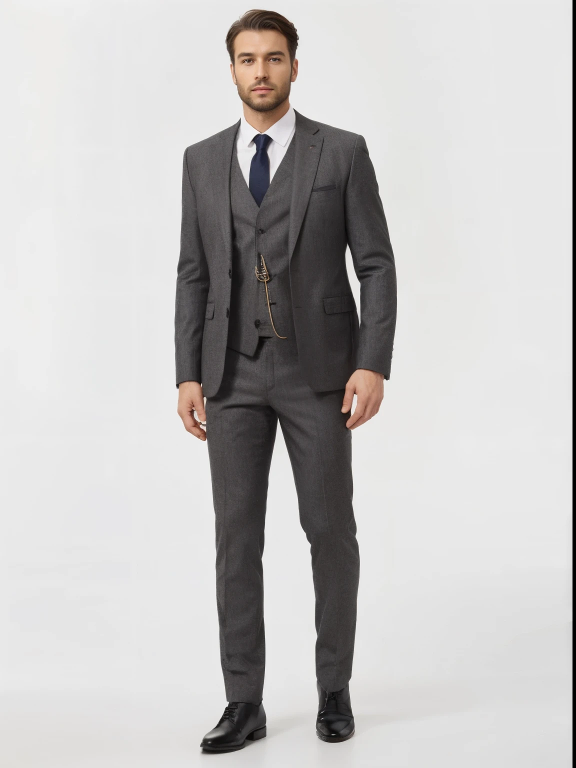 arrière plan magasin de costume 3 pièces sur-mesure, Homme franco-suisse avec une barbe portant ce costume 3 pièces gris