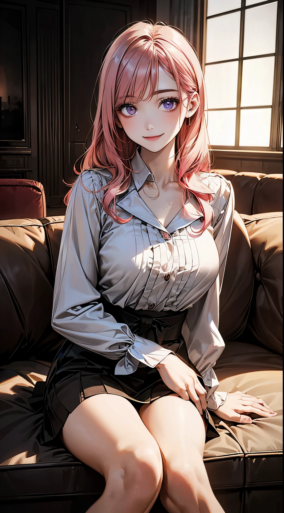 (masterpiece:1.2, top-quality), (realistic, photorealistic:1.2), beautiful illustration, (natural side lighting, movie lighting), ,
looking at viewer, 1 girl, japanese, housewife, 23 years old, perfect face, cute and symmetrical face, shiny skin,
(long hair:1.5, wavy hair:1.6, pink hair), crossed bangs, purple eyes, long eye lasher, (large breasts), slender,
beautiful hair, beautiful face, beautiful detailed eyes, beautiful clavicle, beautiful body, beautiful chest, beautiful thigh, beautiful legs, beautiful fingers,
((white collared blouse, dark drown trench skirt), ),
(beautiful scenery), evening, (living room minimalist),, sitting sofa, (smile),