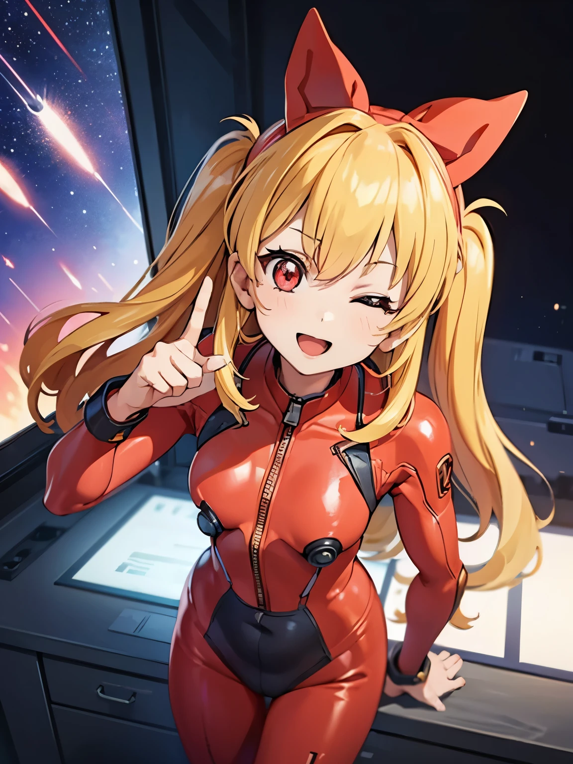 (Overhead view),dynamic angle,ultra-detailed, illustration, close-up, straight on, 1girl, 
 ((souryuu asuka langley, interface headset, red bodysuit:1.4, blonde)),Her eyes shone like dreamy stars,(glowing eyes:1.233),(beautiful and detailed eyes:1.1),(expressionless),(standing), Spell of the Last（prompt）
(masterpiece, best quality, ultra high res, perfect anatomy, extremely detailed),
BREAK,
1girl,
14 years old,
red eyes,
twintails,
black hair,
very large ribbon in hair,
idol costume,
BREAK,
(finger pointing),
(full face),
one eye closed,
(open mouth),
glow eyes,
smile,
stage light,
(mechanic room with toolsand spaceship windowin a white SPACESHIP),
(night:1.2),dreamy, [[delicate fingers and hands:0.55]::0.85],(detail fingers),