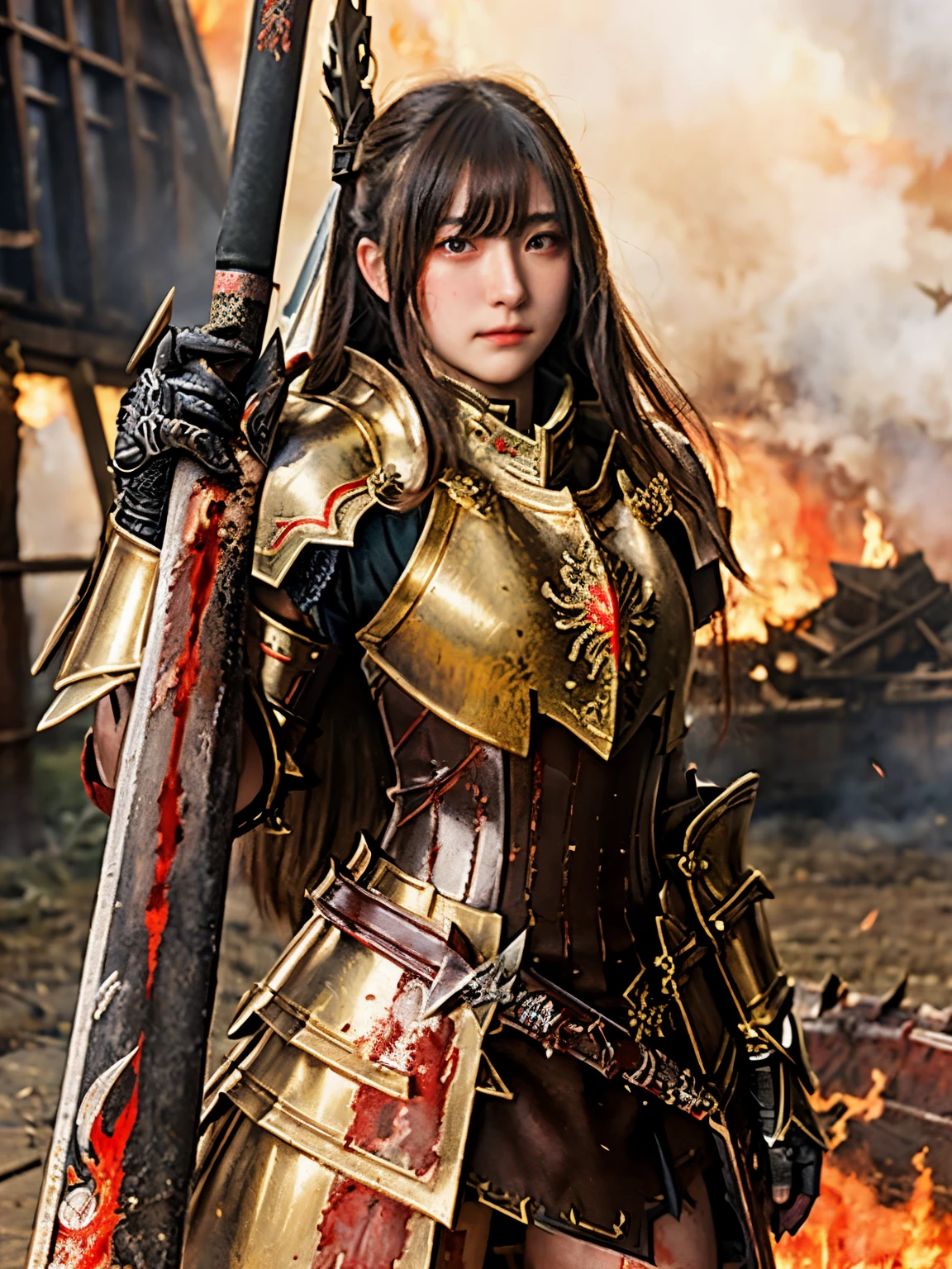 (((Realistic, masterpiece, best quality))),  girl wearing golden armor, japan style heavy armor, full body armor, long straight hair, sweating, bloodstained, bloodbath, carnage, holding japan fire sword, in epic war, fire and smoke everywhere, death anywhere