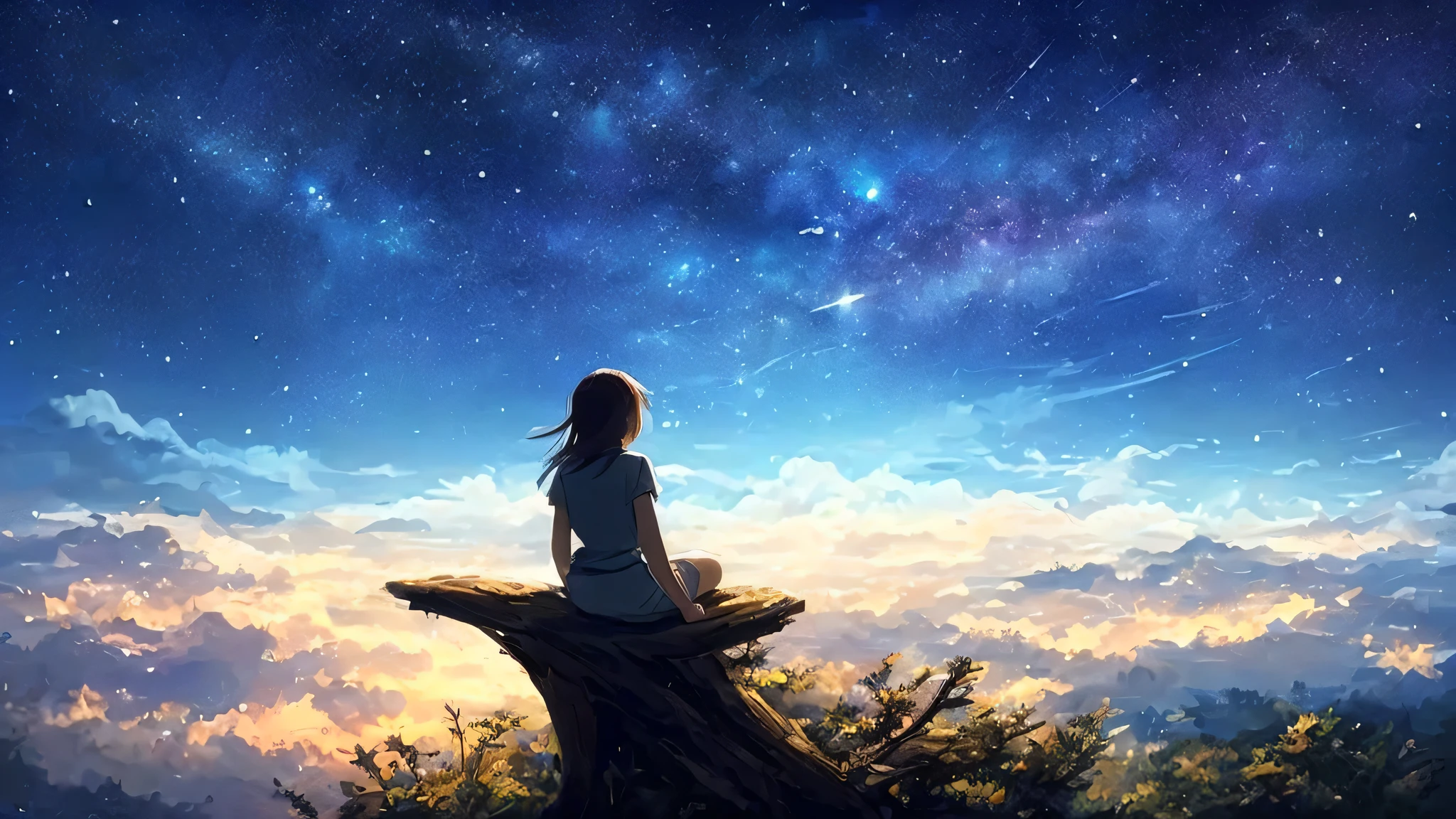 a girl sitting on a tree branch looking at the stars, sitting on a cosmic cloudscape, with the null full of stars, makoto shinkai cyril rolando, with stars, star(null) starry_null, far away dreamy atmosphere, 宇宙のnull. by Makoto Shinkai, starry null, in the astral world ) ) ), tranquility of the endless stars