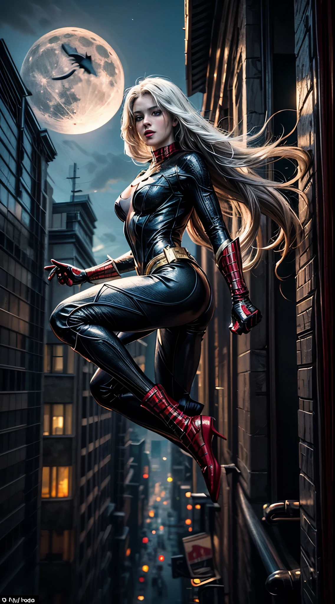 (Masterpiece, 4k resolution, ultra-realistic, very detailed), (White superhero theme, charismatic, there's a girl on top of town, wearing batman costume, she's a superhero), [ ((25 years), (long white hair:1.2), full body, (blue eyes:1.2), ((batman pose),show of strength, jumping from one building to another), ((sandy urban environment):0.8)| (cityscape, at night, dynamic lights), (full moon))] # Explanation: The Prompt mainly describes a 4K painting of ultra-high definition, very realistic, very detailed. It shows a superheroine at the top of the city, wearing a Spider-Man costume. The theme in the painting is a white superhero theme, the female protagonist has long white hair, is 25 years old and her entire body is shown in the painting. In terms of portraying the actions of superheroines, spiders are employed