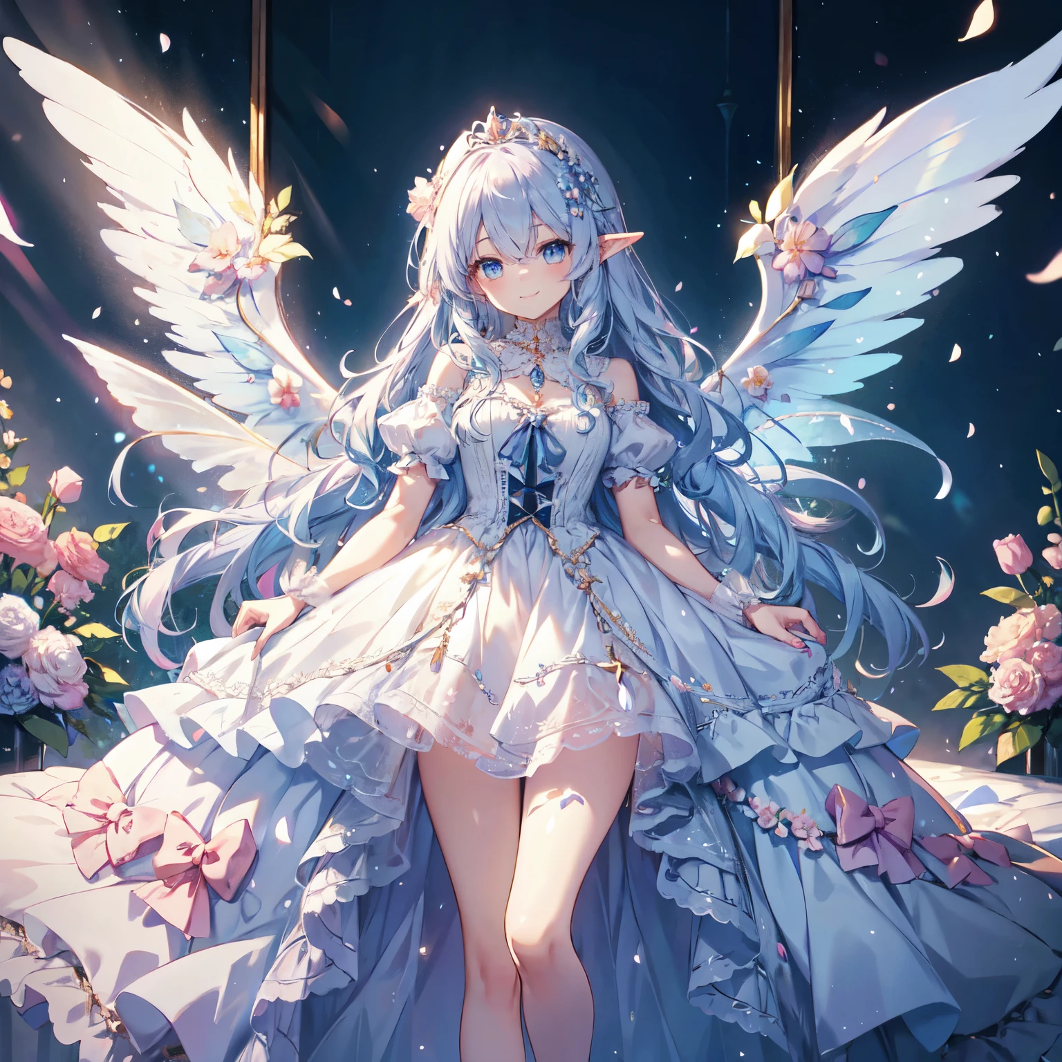 best quality, insanely detailed, beautiful, exquisite, 16K, Full-HD, absurdres,soft expression,((light smile,Happy:1.5)),((Sparkling fluffy layered ball gown)),A large and beautiful dress inspired by rose flowers, lots of flowers、surrounded by flowers,frills、Intricate billowy ball gown with rhinestones ( table top, art station, fantasy art:1.2), See here,Standing with an elegant smile，pastel colour,((giant white fairy wings))、gradient hair, light blue hair, hair blowing in the wind, wavy hair,fluffy hair,tiara,anklet,lavender eyes, long eyelashes, beautiful eyes、light pink cheek,pointy ears, bright eyes, long and thin legs, golden hour, shining light, warm lighting,