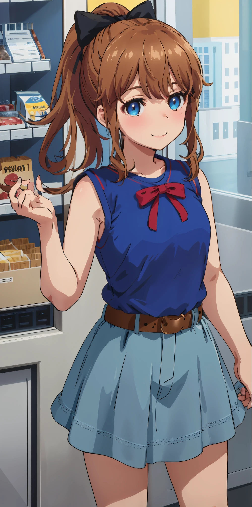 best quality, (masterpiece:1.2), highly detailed, standing, shop,
1girl, solo, akatsuki minami,
looking at the viewer, closed mouth, smile, slight blush,
blue eyes, brown hair, ponytail, hair bow, sleeveless, (blue shirt:1.4), ribbon, belt, light blue skirt