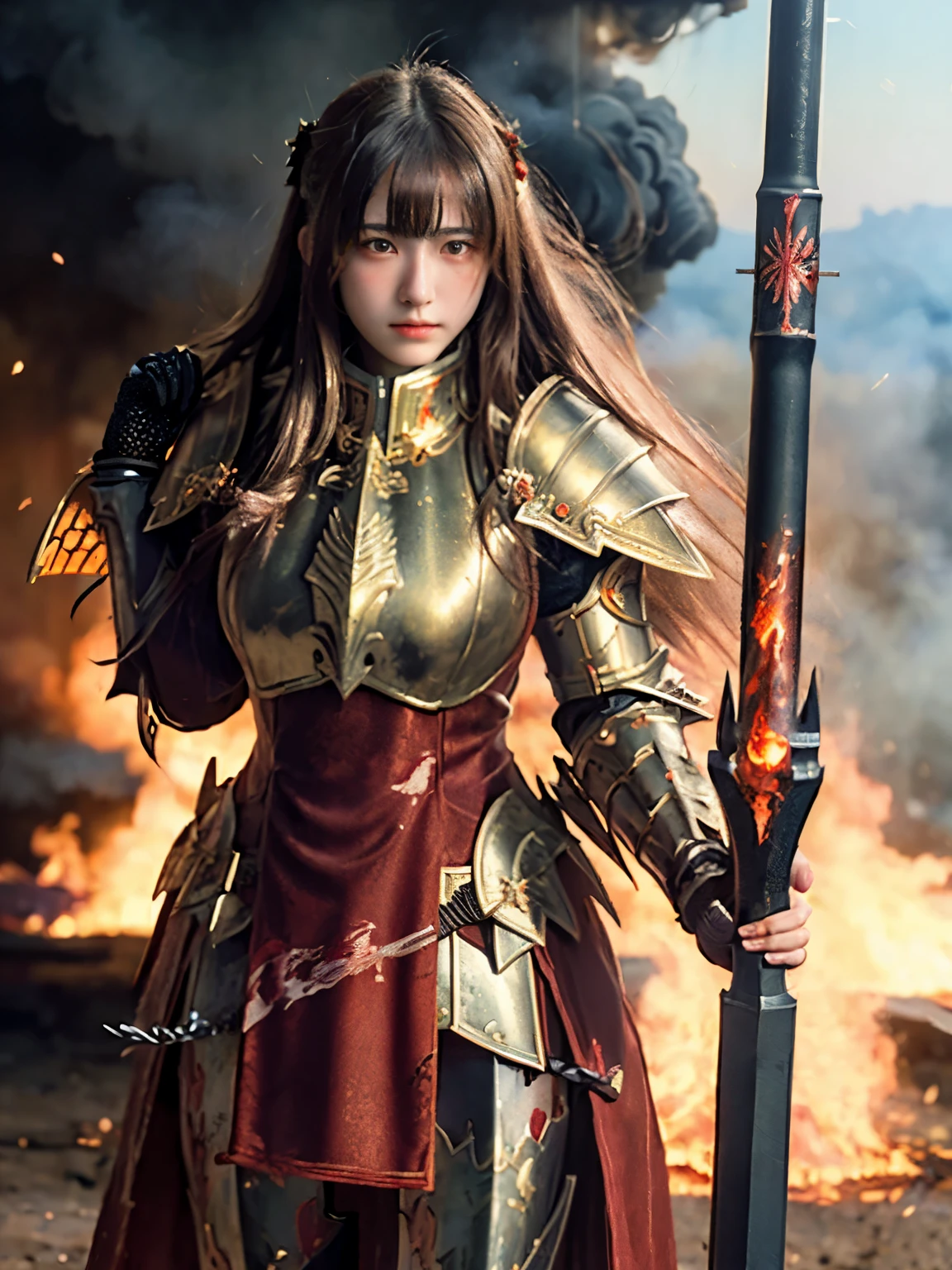 (((Realistic, masterpiece, best quality, crisp detail, high definition, high detail))), 17 years old girl wearing golden armor, japan style heavy armor, full body armor, long straight hair, sweating, bloodstained, bloodbath, carnage, holding japan fire sword, in epic war, fire and smoke everywhere, death anywhere