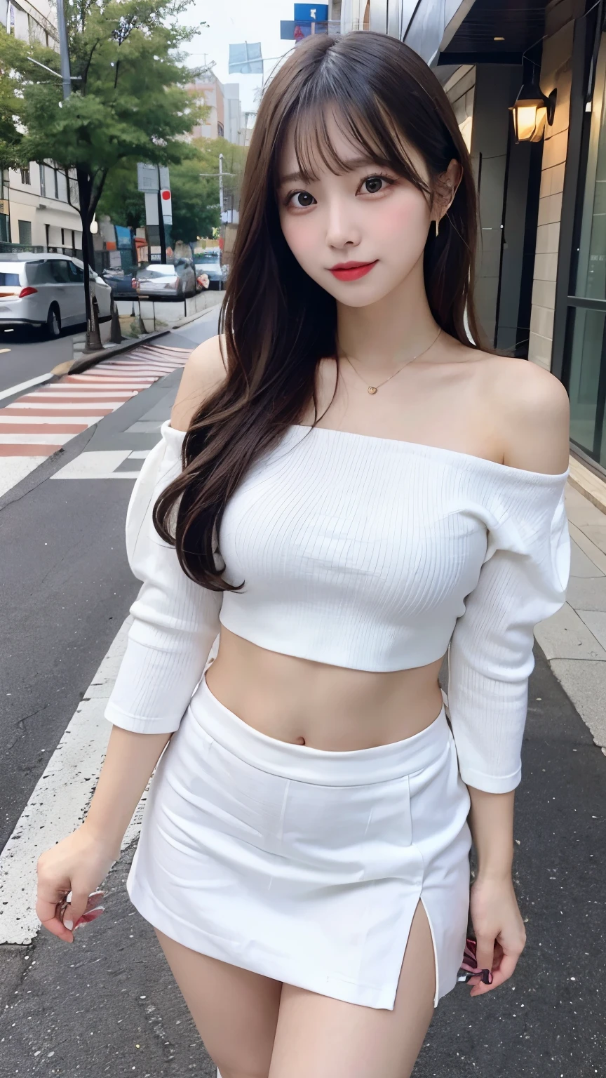 A woman walking on the sidewalk wearing a short white skirt and white shirt, interesting outfit, real スタイル, real, ハイパーreal, real陰影のある完璧なボディ, very sexy costume, thick, realistic完璧なボディ, realistic, seductive girl, real girl, sexy costume,((No sleeve)), bare shoulders,show your belly button,(I can see the undermile,