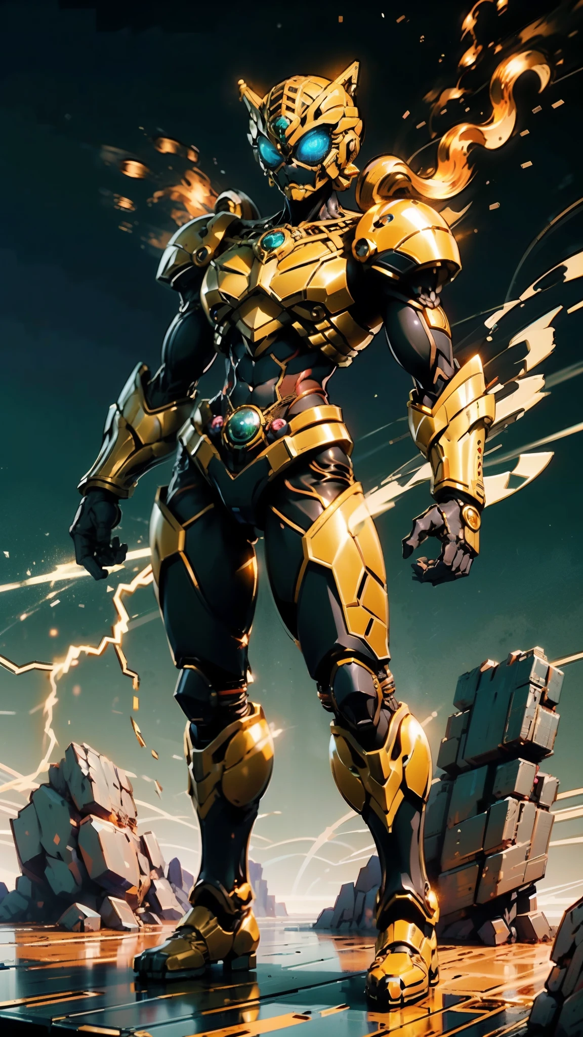 A woman adorned in fantasy-style full-body armor, a crown-concept fully enclosed helmet that unveils only her eyes, a composite layered chest plate, fully encompassing shoulder and hand guards, a lightweight waist armor, form-fitting shin guards, the overall design is heavy-duty yet flexible, ((the armor gleams with a golden glow, complemented by red and blue accents)), exhibiting a noble aura, she floats above a fantasy-surreal high-tech city, this character embodies a finely crafted fantasy-surreal style armored hero in anime style, exquisite and mature manga art style, (Queen bee mixed with Spider concept Armor, plasma, blood), ((Element, energy, elegant, goddess, femminine:1.5)), metallic, high definition, best quality, highres, ultra-detailed, ultra-fine painting, extremely delicate, professional, anatomically correct, symmetrical face, extremely detailed eyes and face, high quality eyes, creativity, RAW photo, UHD, 32k, Natural light, cinematic lighting, masterpiece-anatomy-perfect, masterpiece:1.5