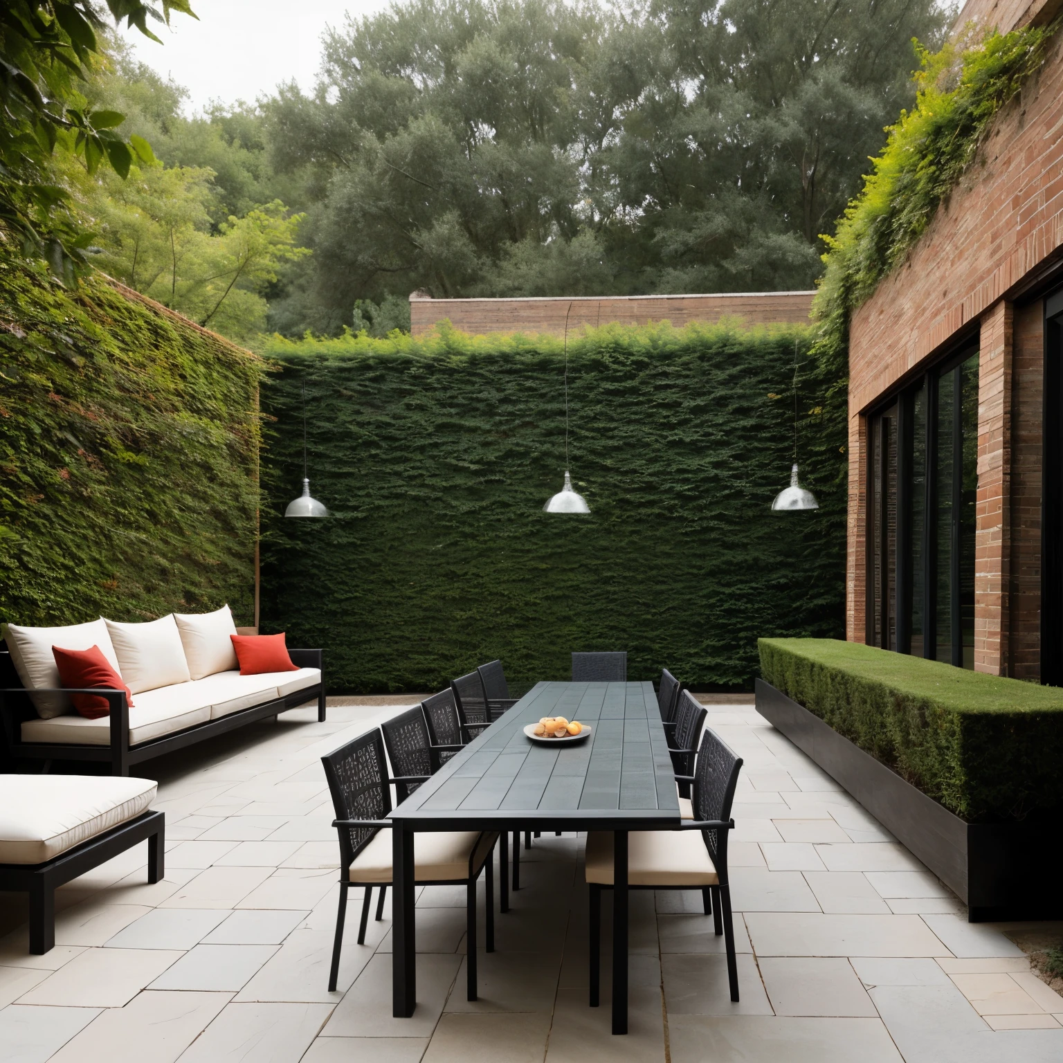 A large rectangular terrace in front of the house, in a modern style, with 19th-century brick on the main wall, roofing based on anthracite-colored poles. There are tiles on the floor. Inside, there are tables and chairs made of rafan. There are thujas or other shrubs around, a realistic photo
