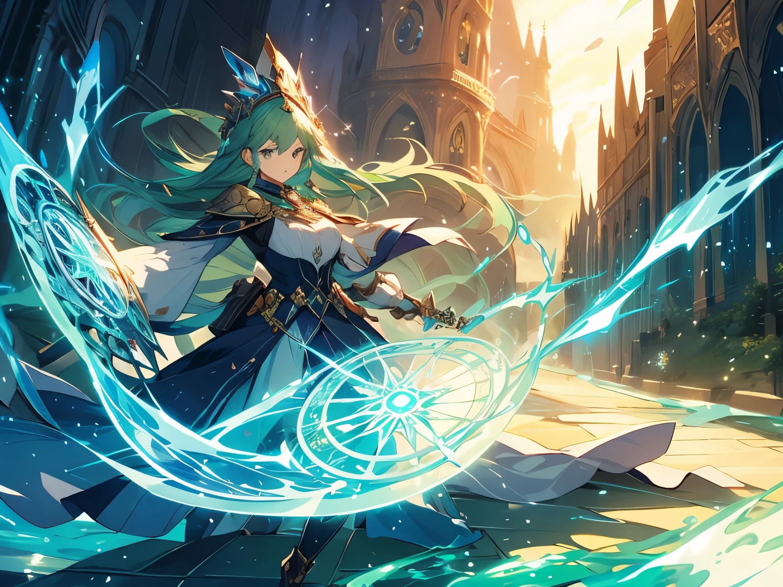 A powerful spell that creates a magical protective barrier, A woman uses green magic to summon a magical shield perfect for a fantasy world..