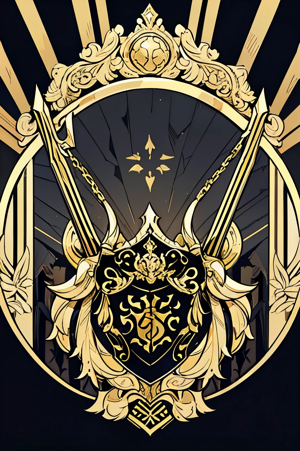 spider crawls between swords, a gold and black shield with a stylized design on it, shield design, fantasy shield, black and gold armor, shield emblem, royal coat of arms, sword, weapon